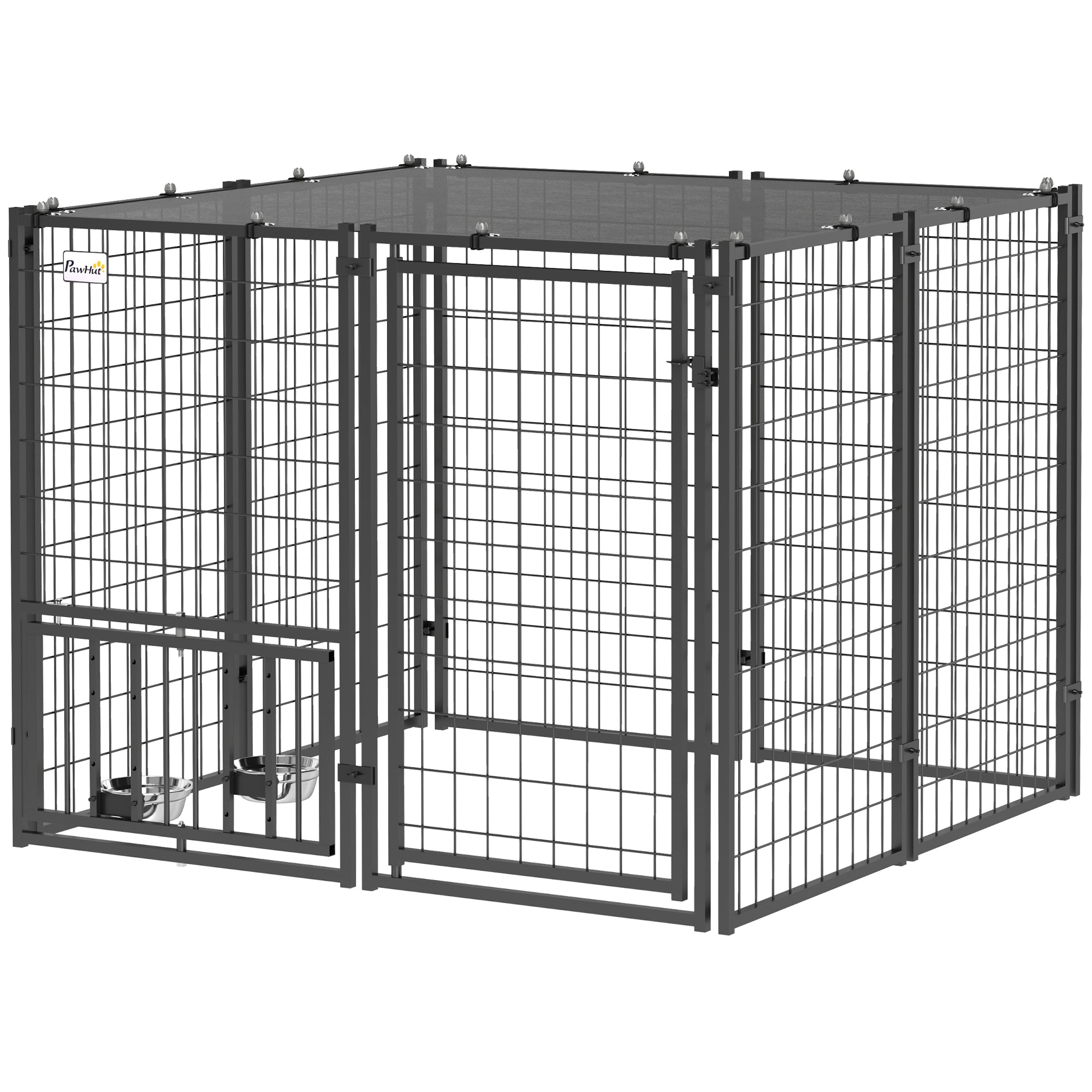 PawHut Dog Run Outdoor, Welded Wire Outdoor Dog Kennel with 4 Levels Adjustable & Rotatable Dog Bowls, Sun-Shade Cover, Secure Lock, for Small and Medium Dogs, 4.6' x 4.6' x 3.7'