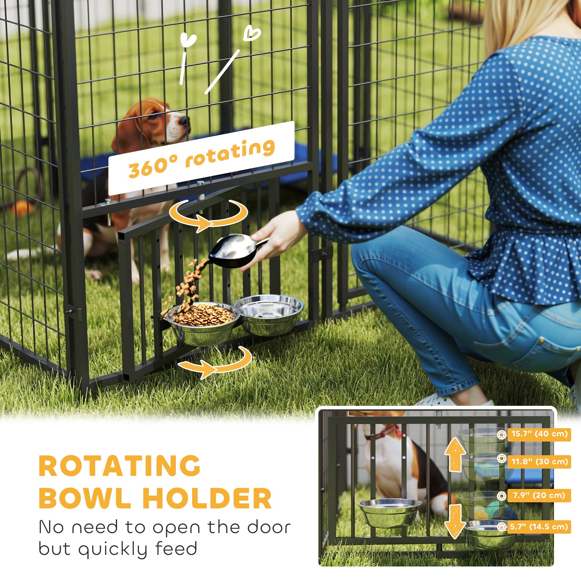 PawHut Dog Run Outdoor, Welded Wire Outdoor Dog Kennel with 4 Levels Adjustable & Rotatable Dog Bowls, Sun-Shade Cover, Secure Lock, for Small and Medium Dogs, 4.6' x 4.6' x 3.7'