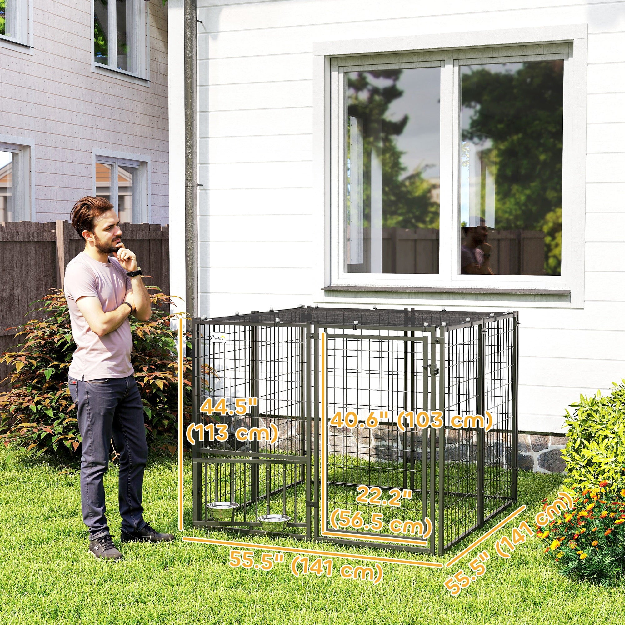 PawHut Dog Run Outdoor, Welded Wire Outdoor Dog Kennel with 4 Levels Adjustable & Rotatable Dog Bowls, Sun-Shade Cover, Secure Lock, for Small and Medium Dogs, 4.6' x 4.6' x 3.7'