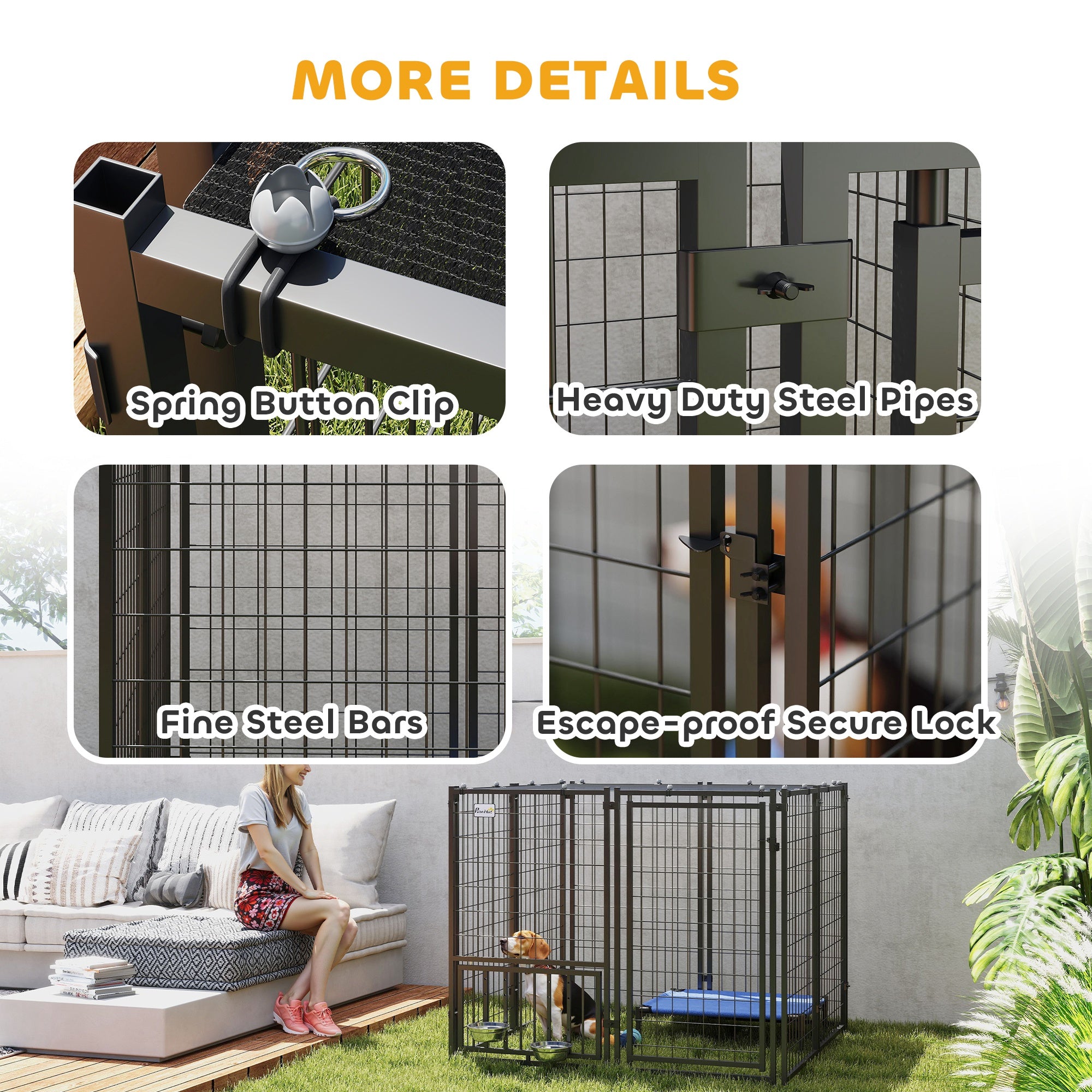 PawHut Dog Run Outdoor, Welded Wire Outdoor Dog Kennel with 4 Levels Adjustable & Rotatable Dog Bowls, Sun-Shade Cover, Secure Lock, for Small and Medium Dogs, 4.6' x 4.6' x 3.7'