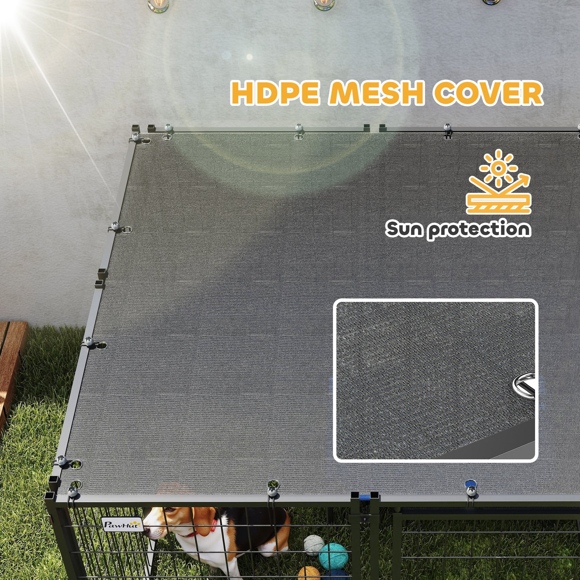 PawHut Dog Run Outdoor, Welded Wire Outdoor Dog Kennel with 4 Levels Adjustable & Rotatable Dog Bowls, Sun-Shade Cover, Secure Lock, for Small and Medium Dogs, 4.6' x 4.6' x 3.7'