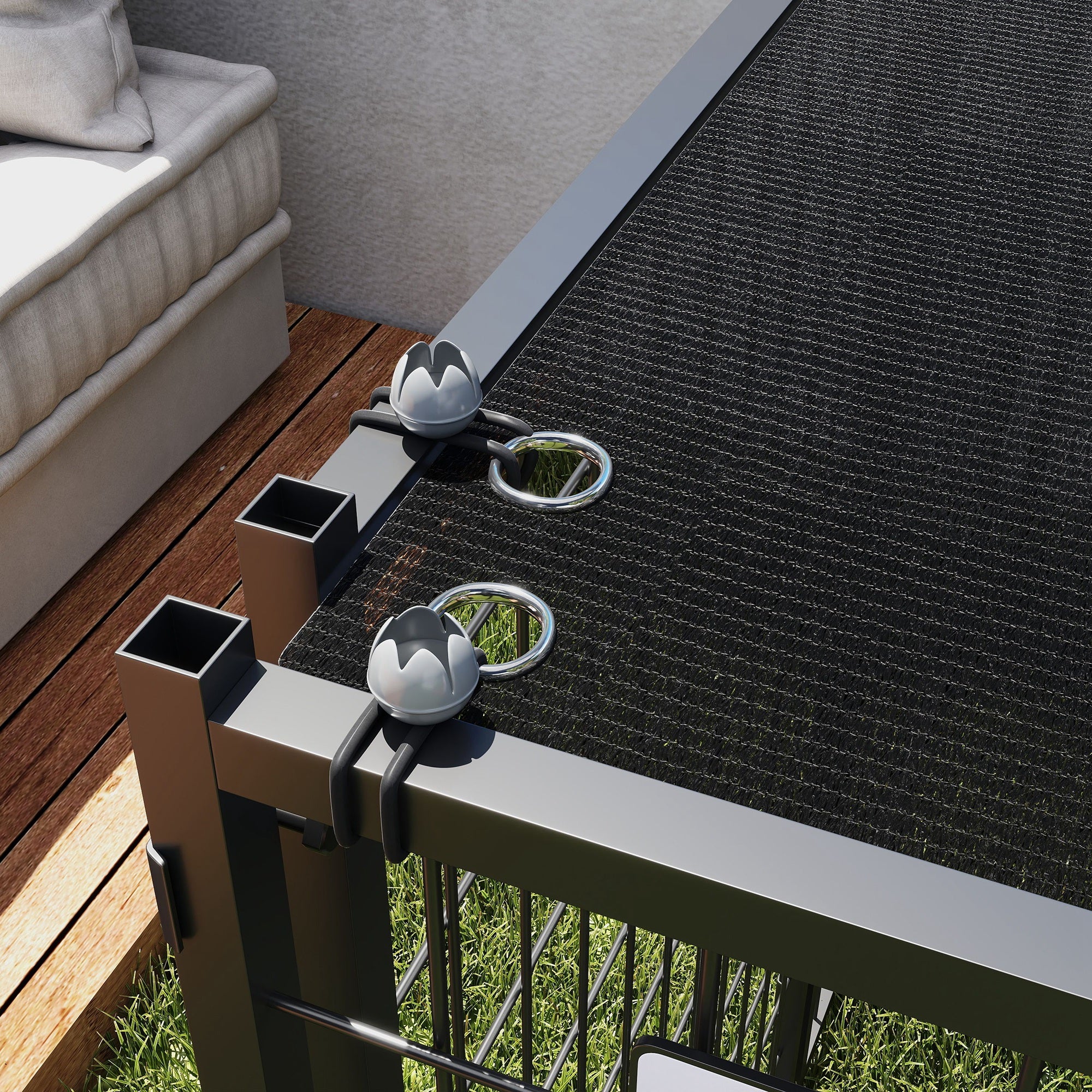 PawHut Dog Run Outdoor, Welded Wire Outdoor Dog Kennel with 4 Levels Adjustable & Rotatable Dog Bowls, Sun-Shade Cover, Secure Lock, for Small and Medium Dogs, 4.6' x 4.6' x 3.7'