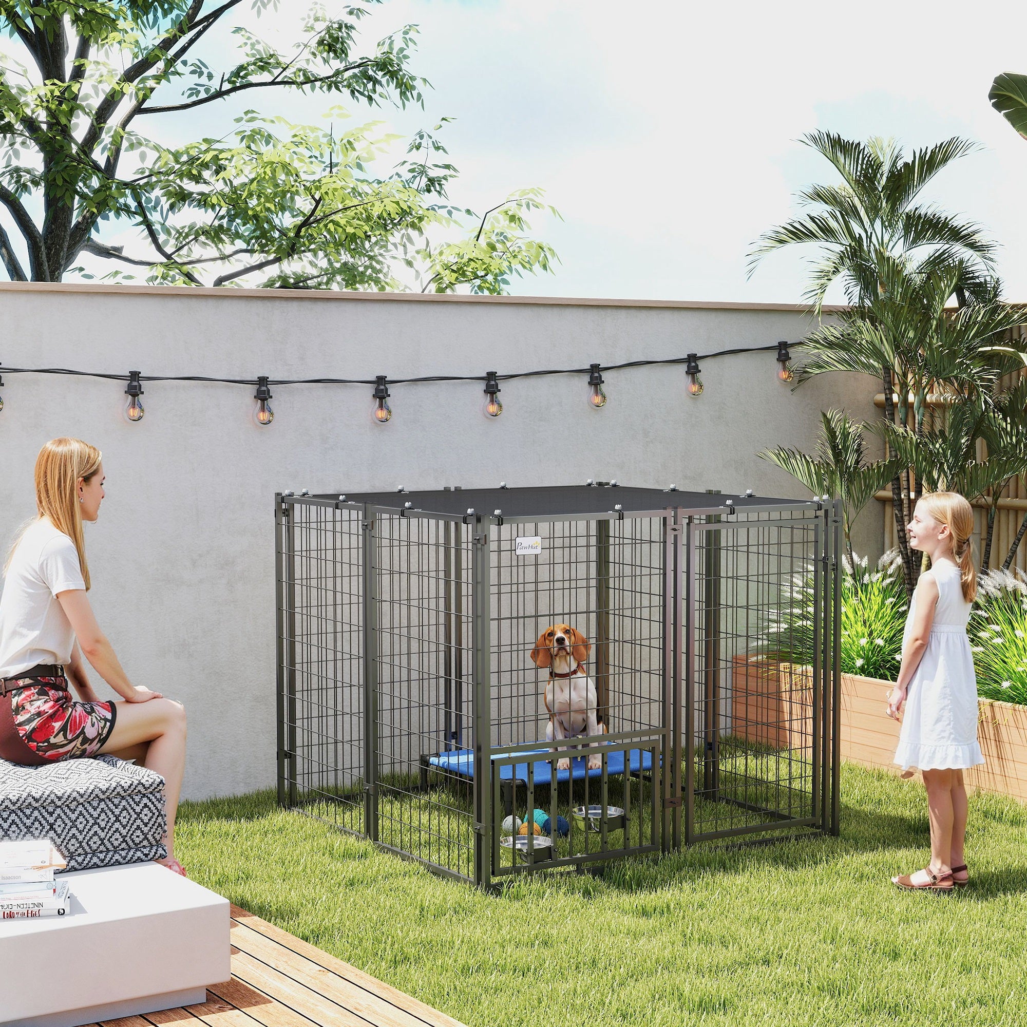 PawHut Dog Run Outdoor, Welded Wire Outdoor Dog Kennel with 4 Levels Adjustable & Rotatable Dog Bowls, Sun-Shade Cover, Secure Lock, for Small and Medium Dogs, 4.6' x 4.6' x 3.7'