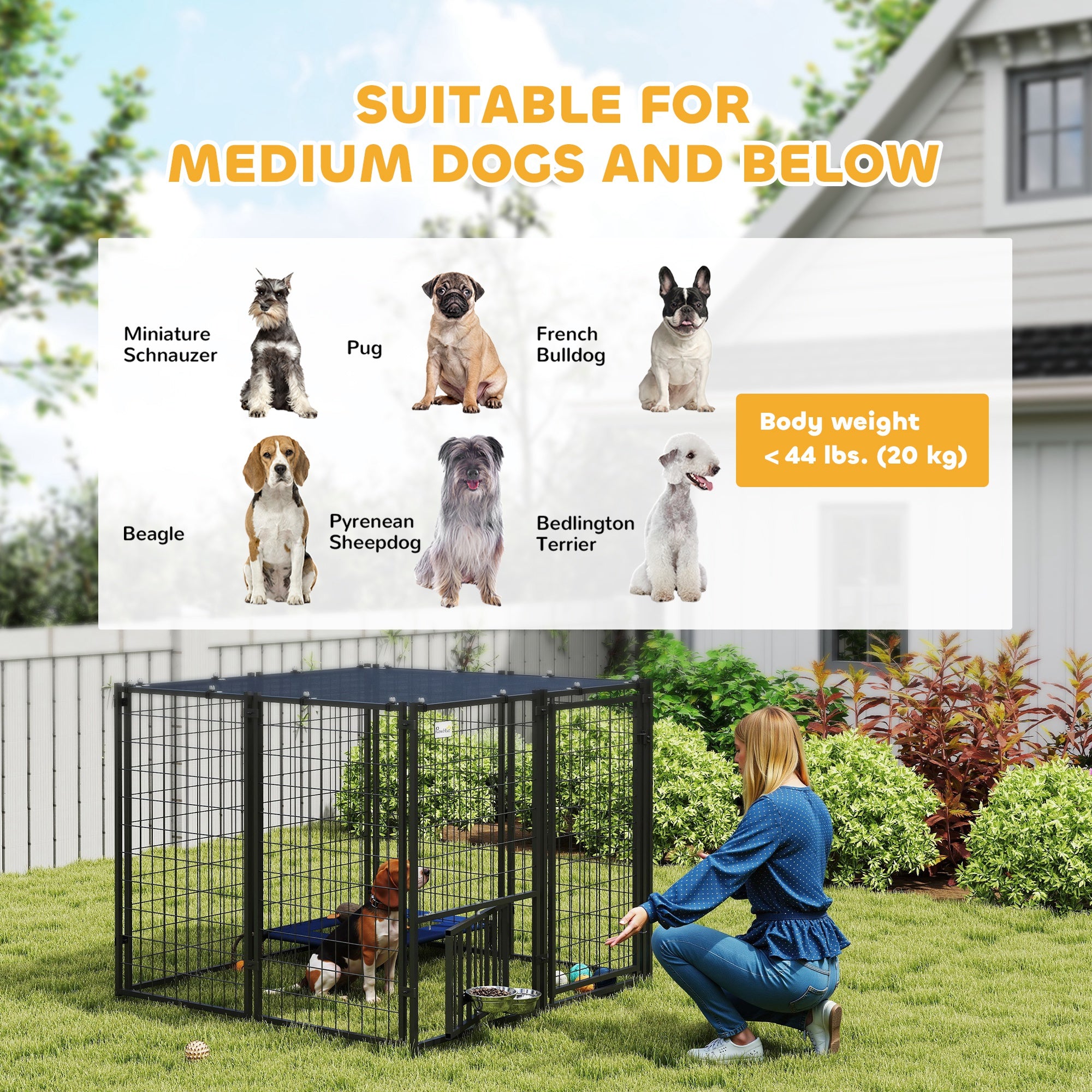 PawHut Dog Run Outdoor, Welded Wire Outdoor Dog Kennel with 4 Levels Adjustable & Rotatable Dog Bowls, Sun-Shade Cover, Secure Lock, for Small and Medium Dogs, 4.6' x 4.6' x 3.7'