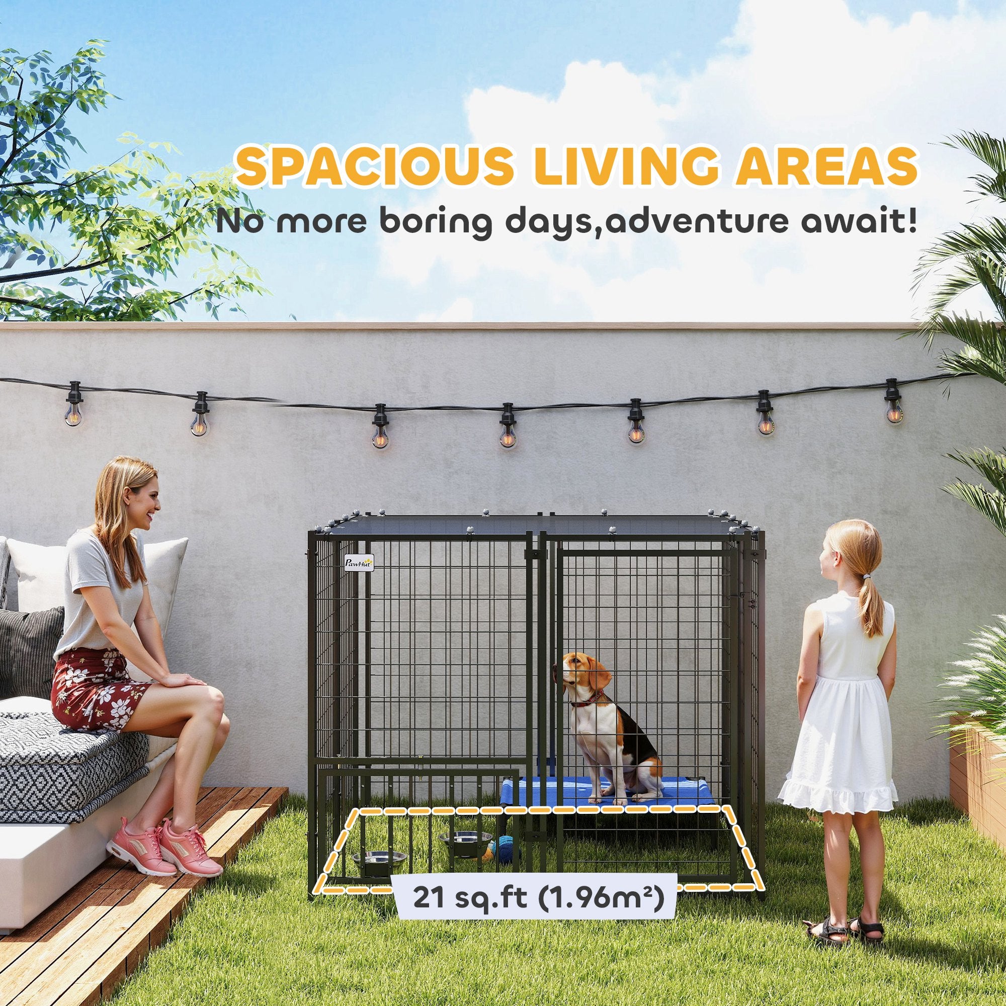 PawHut Dog Run Outdoor, Welded Wire Outdoor Dog Kennel with 4 Levels Adjustable & Rotatable Dog Bowls, Sun-Shade Cover, Secure Lock, for Small and Medium Dogs, 4.6' x 4.6' x 3.7'