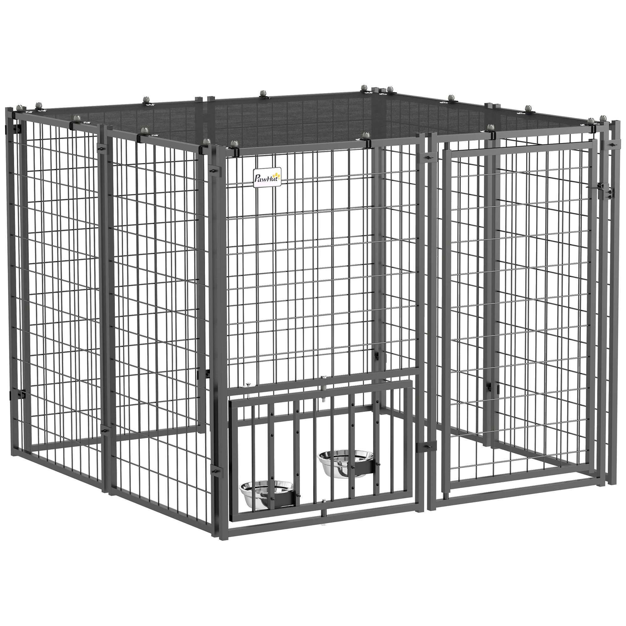 PawHut Dog Run Outdoor, Welded Wire Outdoor Dog Kennel with 4 Levels Adjustable & Rotatable Dog Bowls, Sun-Shade Cover, Secure Lock, for Small and Medium Dogs, 4.6' x 4.6' x 3.7'