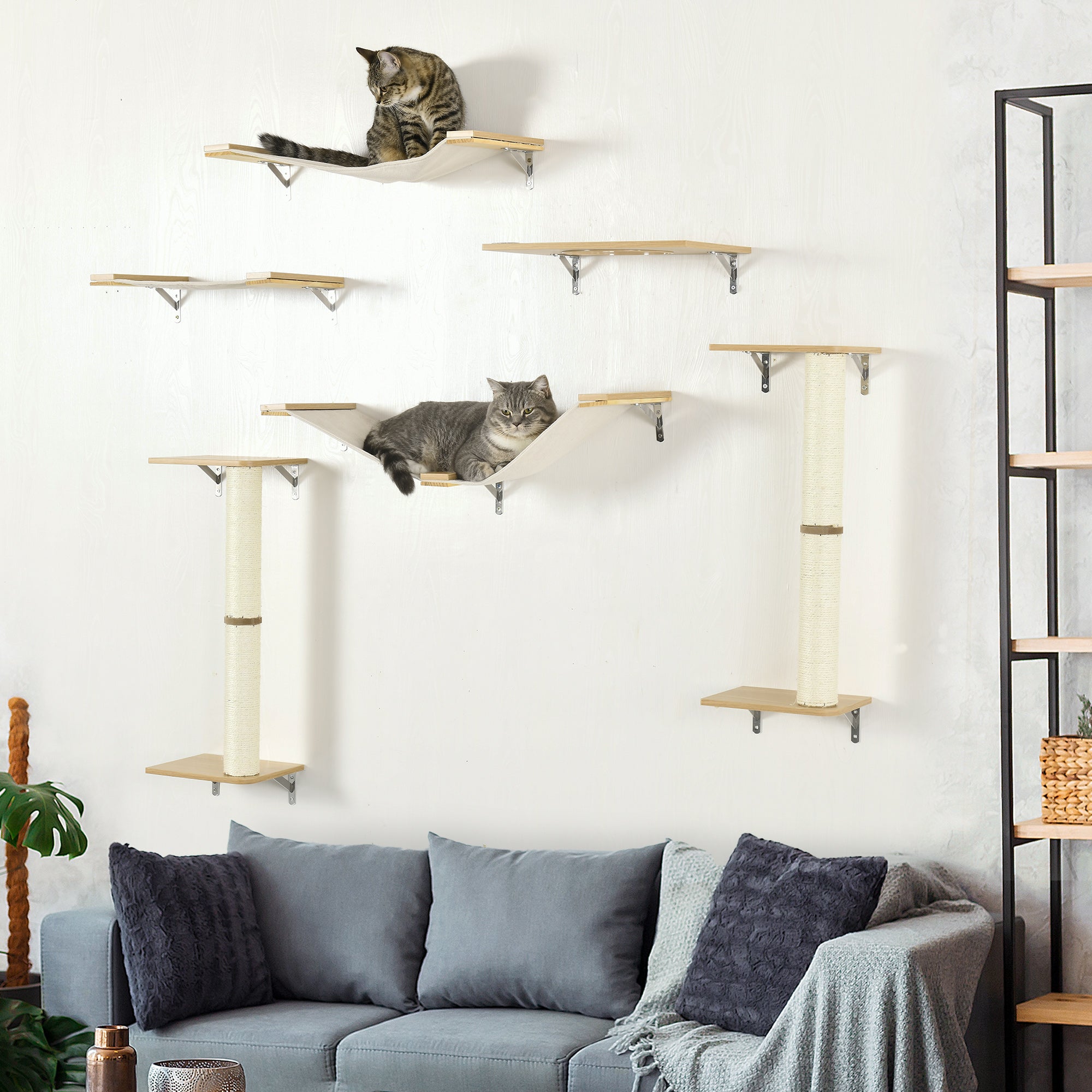 PawHut Unique Cat Tree Made From Cat Shelves with 8 Levels for More Height, Wall-Mounted Cat Tree Climbing Playground with Cat Hammocks, Modern Cat Tree