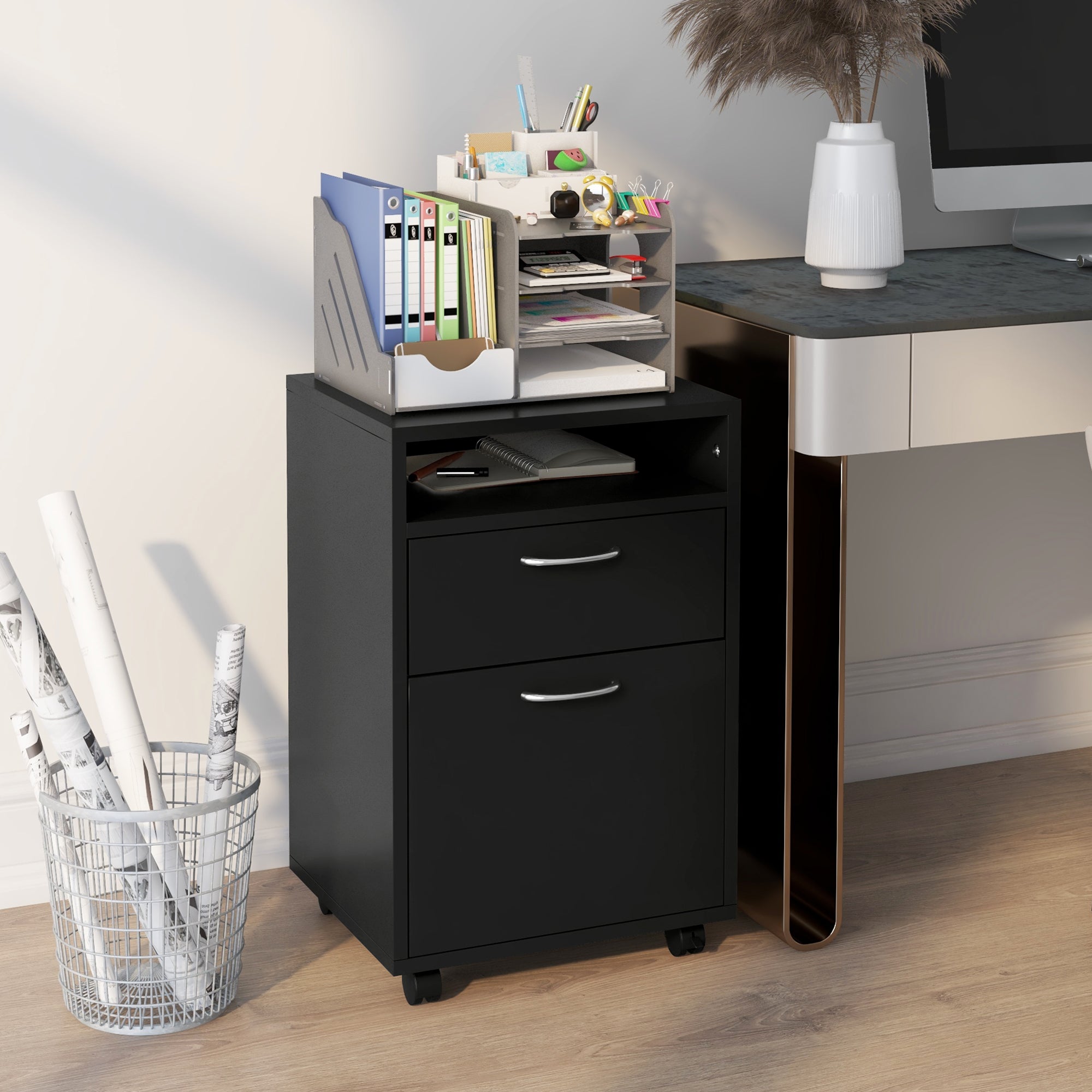 HOMCOM 24" Vertical Filing Cabinet with Drawer, Mobile File Cabinet with Wheels for Home Office, Black