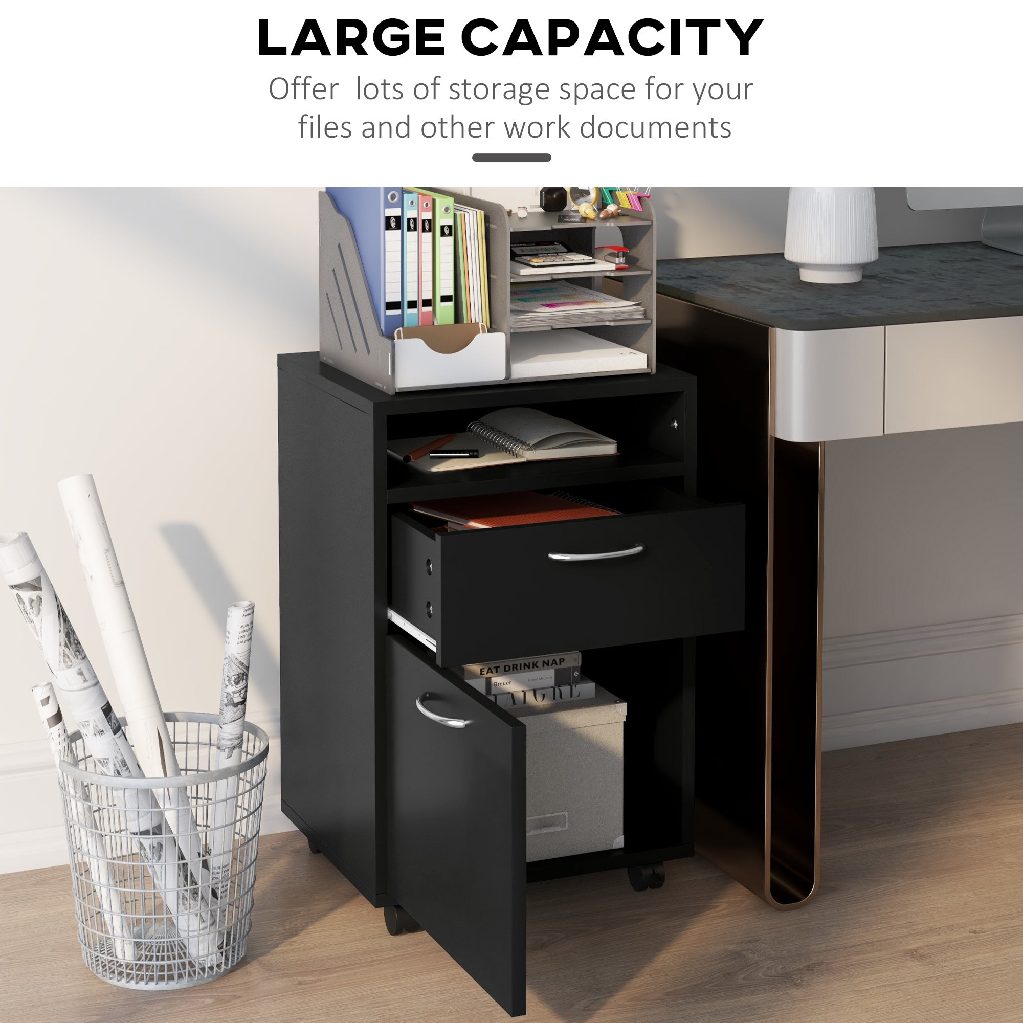 HOMCOM 24" Vertical Filing Cabinet with Drawer, Mobile File Cabinet with Wheels for Home Office, Black