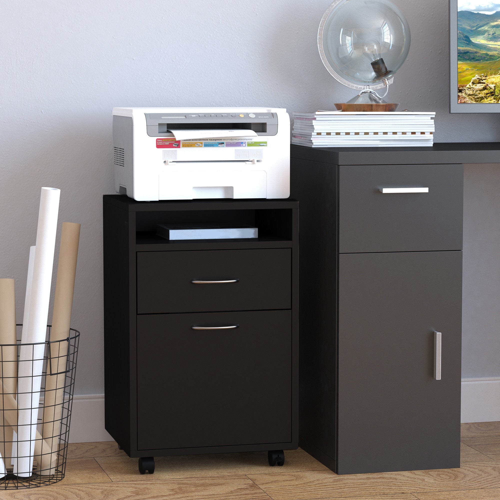 HOMCOM 24" Vertical Filing Cabinet with Drawer, Mobile File Cabinet with Wheels for Home Office, Black
