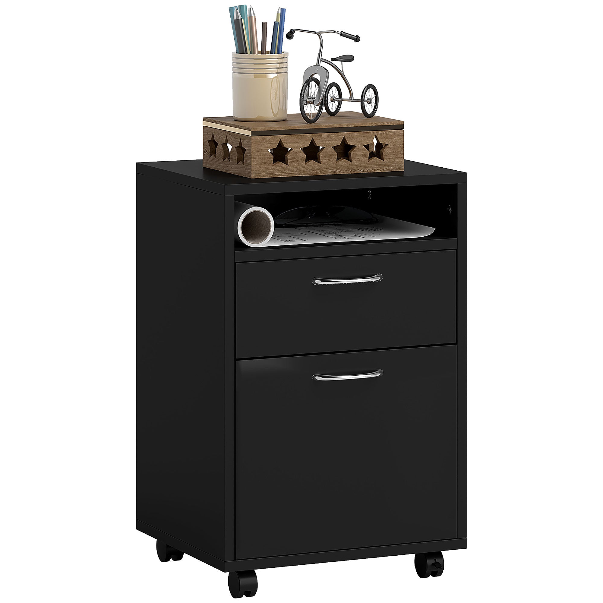 HOMCOM 24" Vertical Filing Cabinet with Drawer, Mobile File Cabinet with Wheels for Home Office, Black