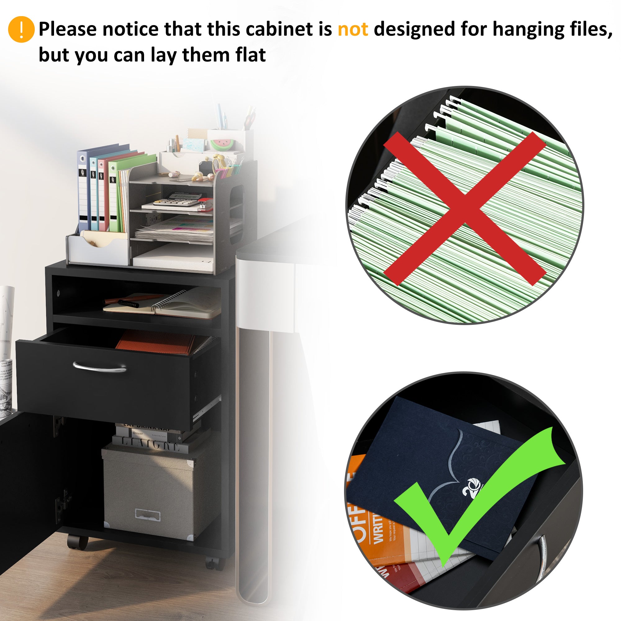 HOMCOM 24" Vertical Filing Cabinet with Drawer, Mobile File Cabinet with Wheels for Home Office, Black