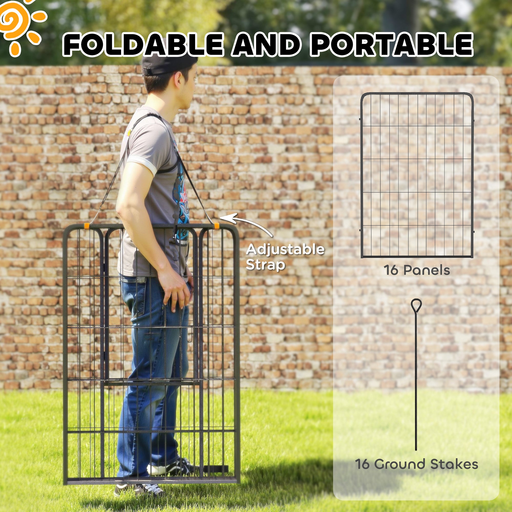 PawHut 16 Panels Dog Playpen, 39" H Heavy Duty Dog Pen, Portable & Foldable Dog Fence with Door & Strap for Indoor Outdoor Backyard Garden, Puppy Pet Playpen for Large Dogs