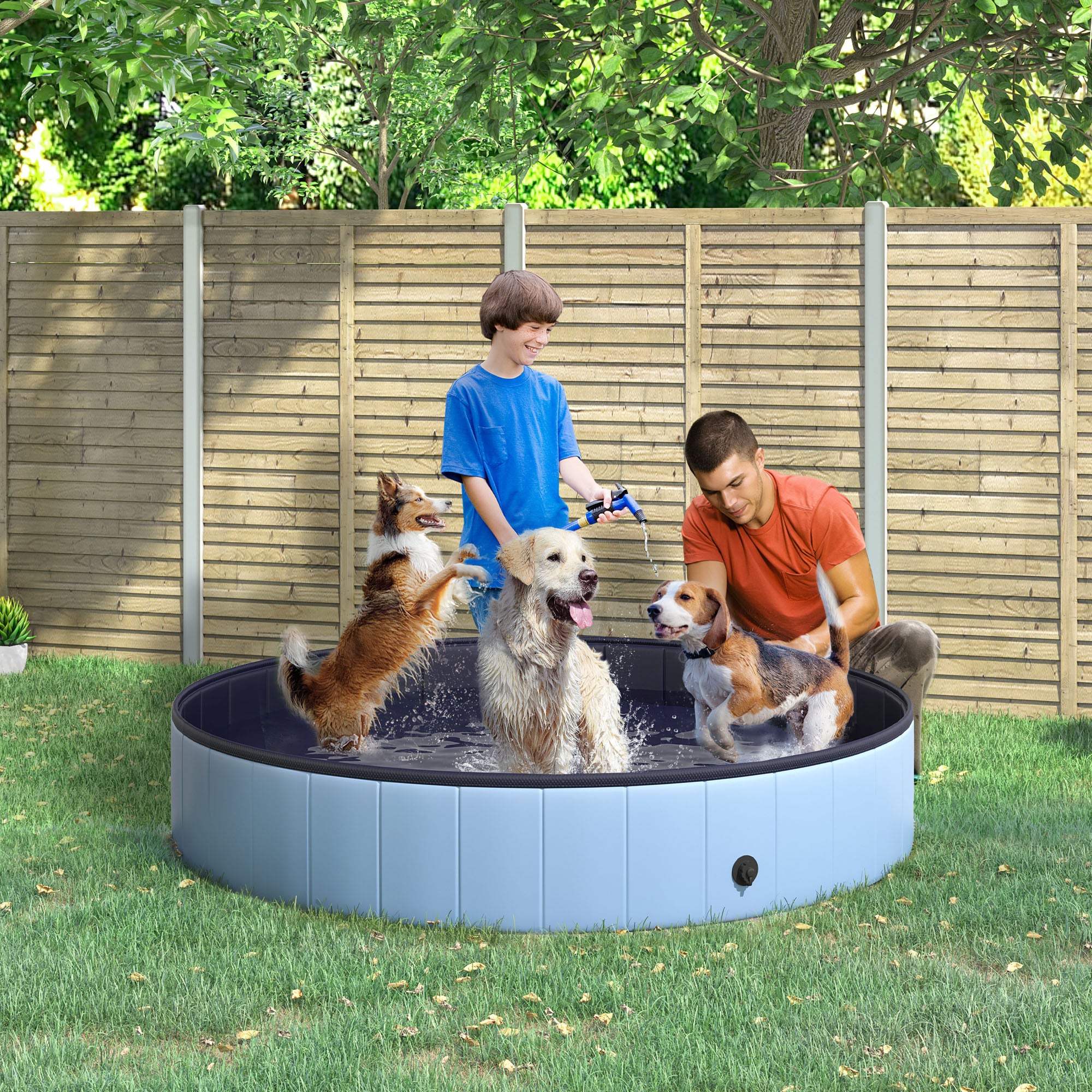 PawHut Φ63" Folding Dog Pool for Large dogs,  Portable Pet Kiddie Swimming Pool, Outdoor/Indoor Puppy Bath Tub with Nonslip Bottom for Dogs & Cats, Blue