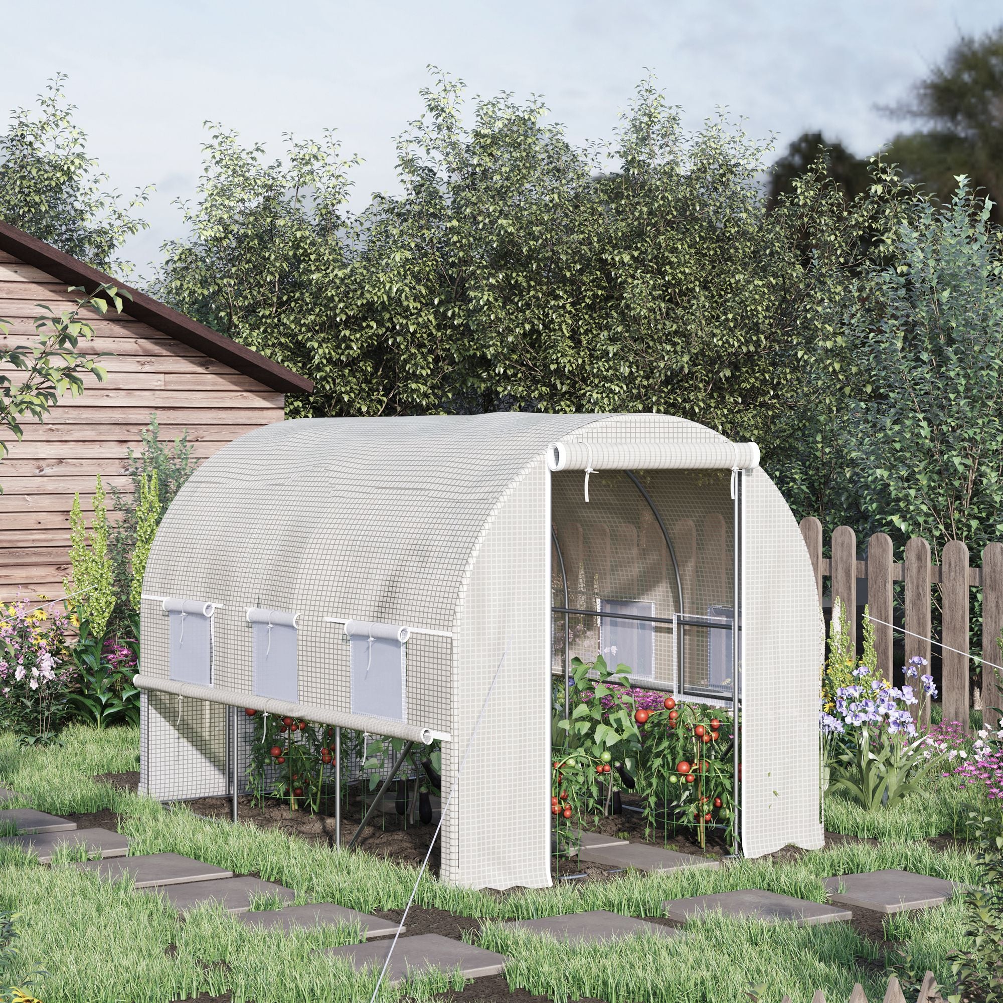 Outsunny 10' x 6.6' x 6.6' Walk-in Tunnel Greenhouse PE Cover, Zipper Doors Roll-up side cover& Mesh Windows, White