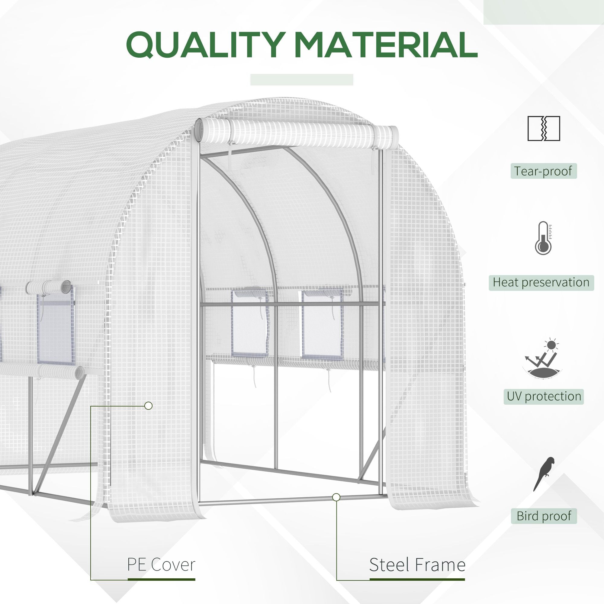 Outsunny 10' x 6.6' x 6.6' Walk-in Tunnel Greenhouse PE Cover, Zipper Doors Roll-up side cover& Mesh Windows, White
