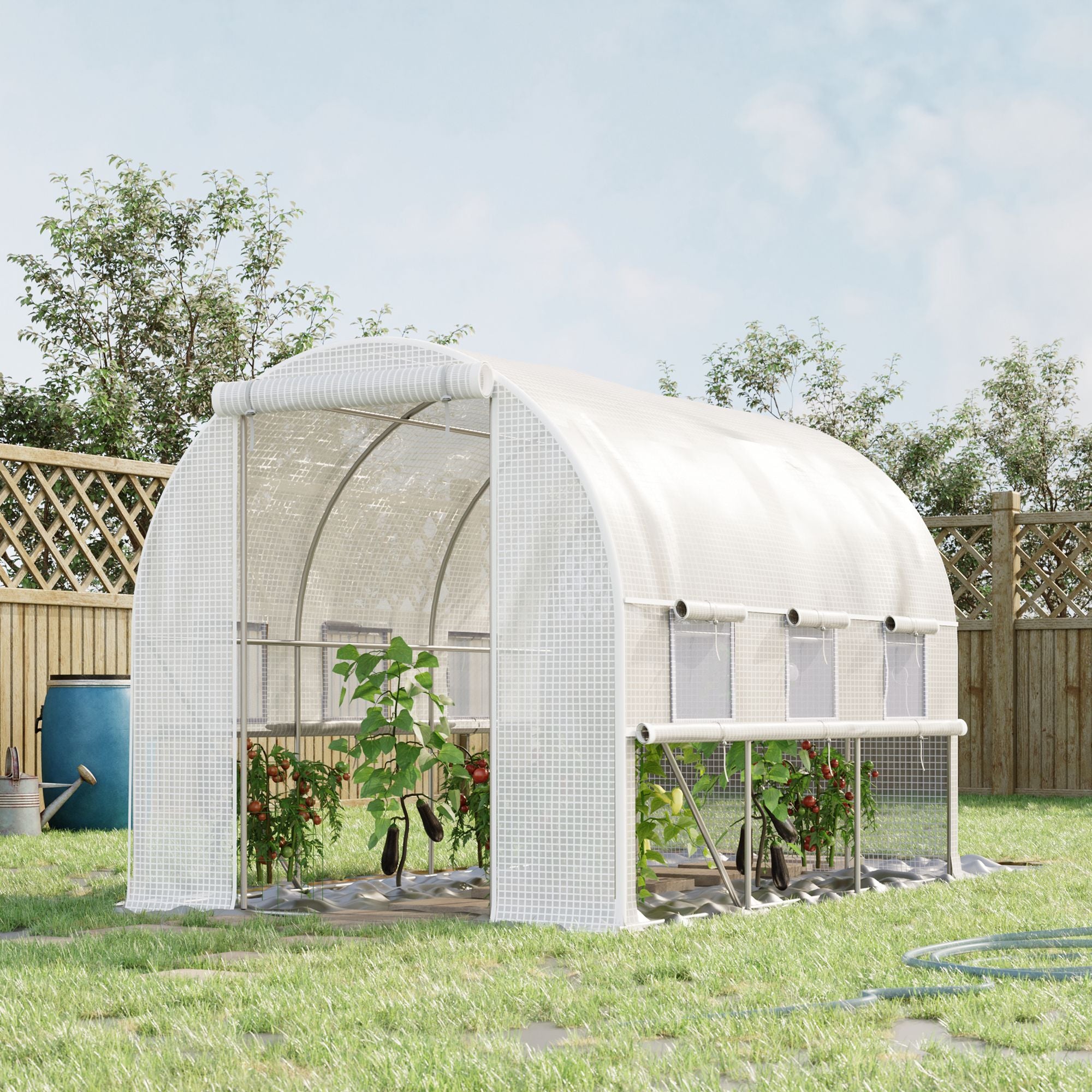 Outsunny 10' x 6.6' x 6.6' Walk-in Tunnel Greenhouse PE Cover, Zipper Doors Roll-up side cover& Mesh Windows, White