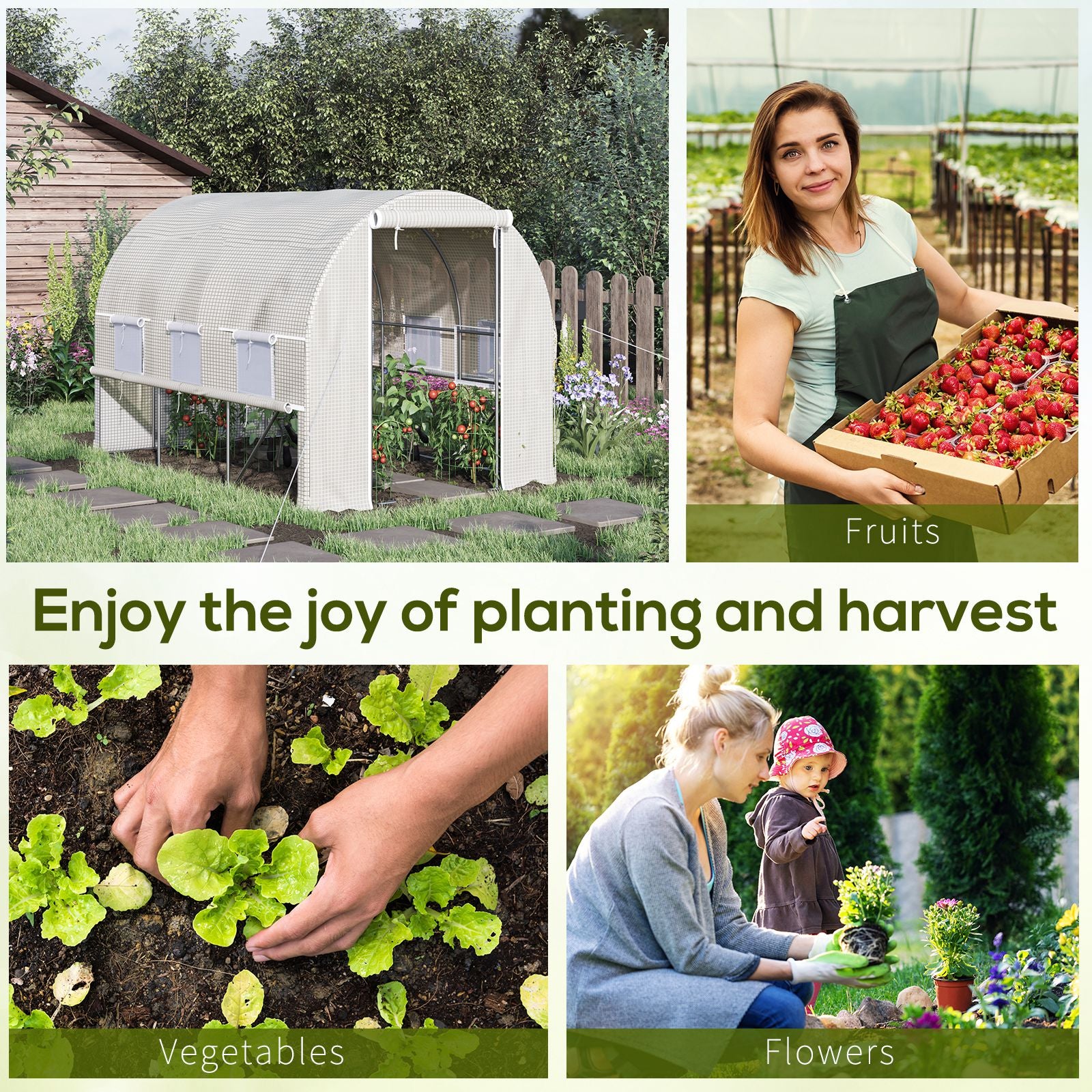 Outsunny 10' x 6.6' x 6.6' Walk-in Tunnel Greenhouse PE Cover, Zipper Doors Roll-up side cover& Mesh Windows, White