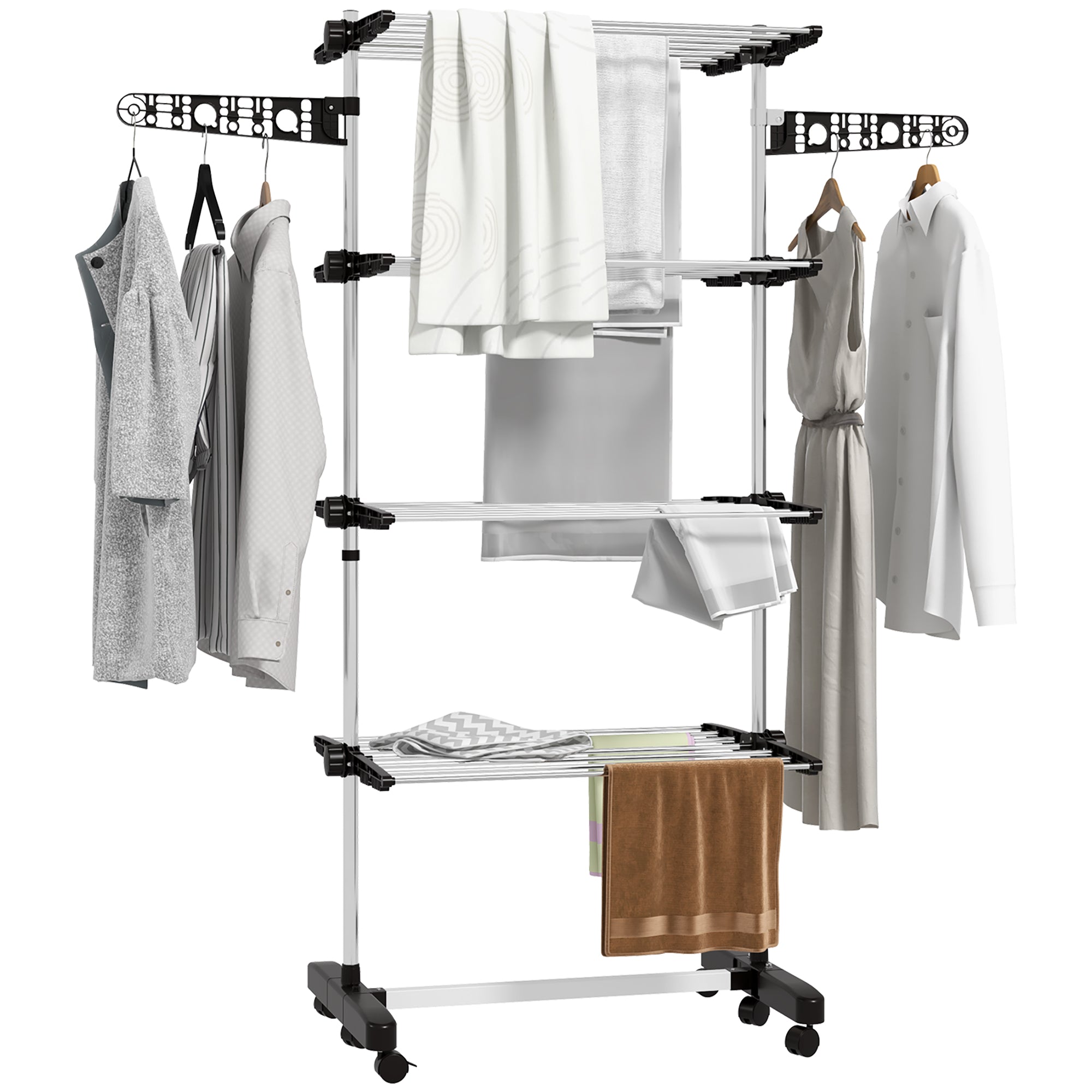 HOMCOM 4-Tier Clothes Drying Rack, Stainless Steel Laundry Rack with 2 Side Wings and 6 Castors, Collapsible Adjustable Clothes Airer for Indoor Outdoor, Black