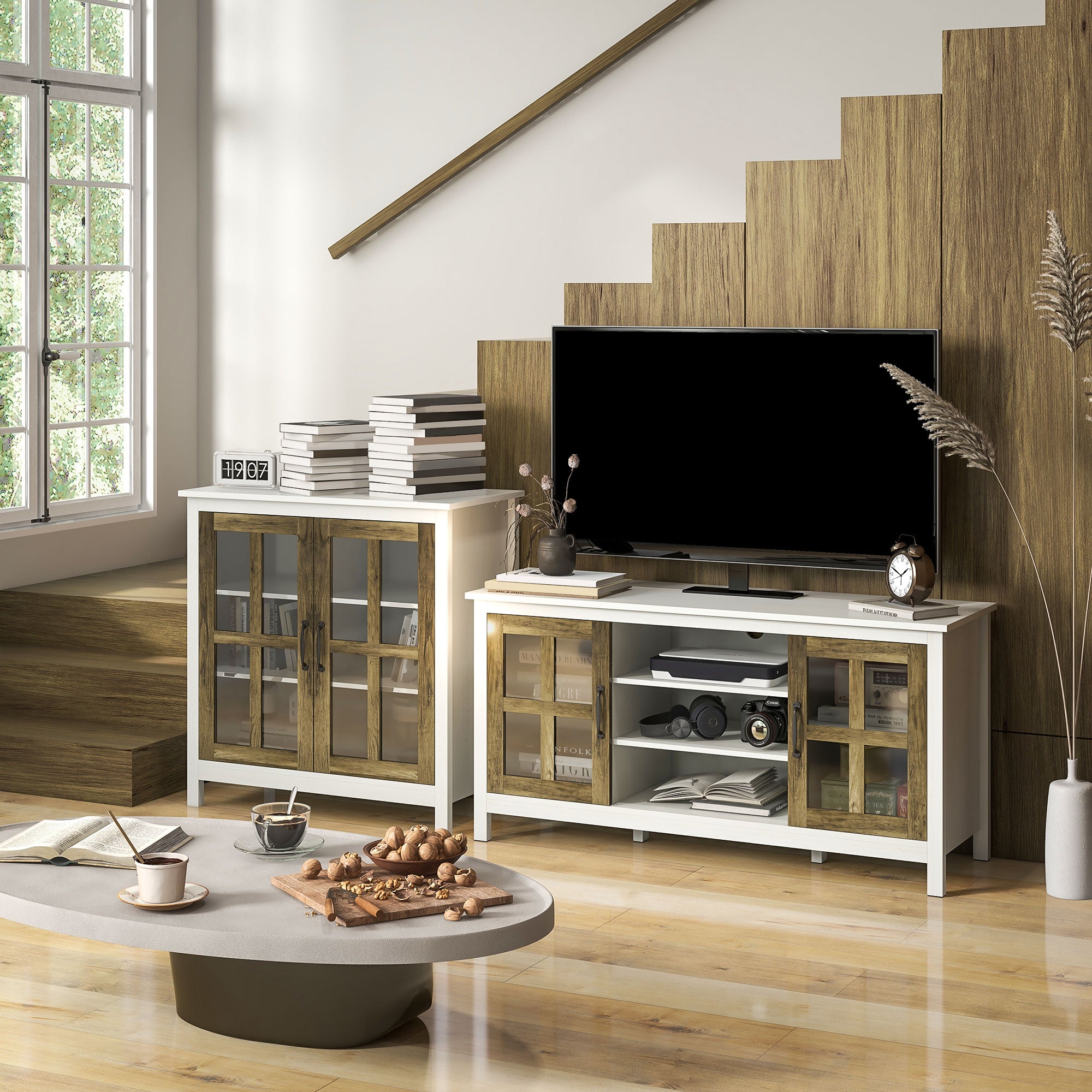 HOMCOM TV Stand for TVs up to 55 Inches, TV Cabinet with Adjustable Shelves and Cable Holes, TV Bench for Living Room, White
