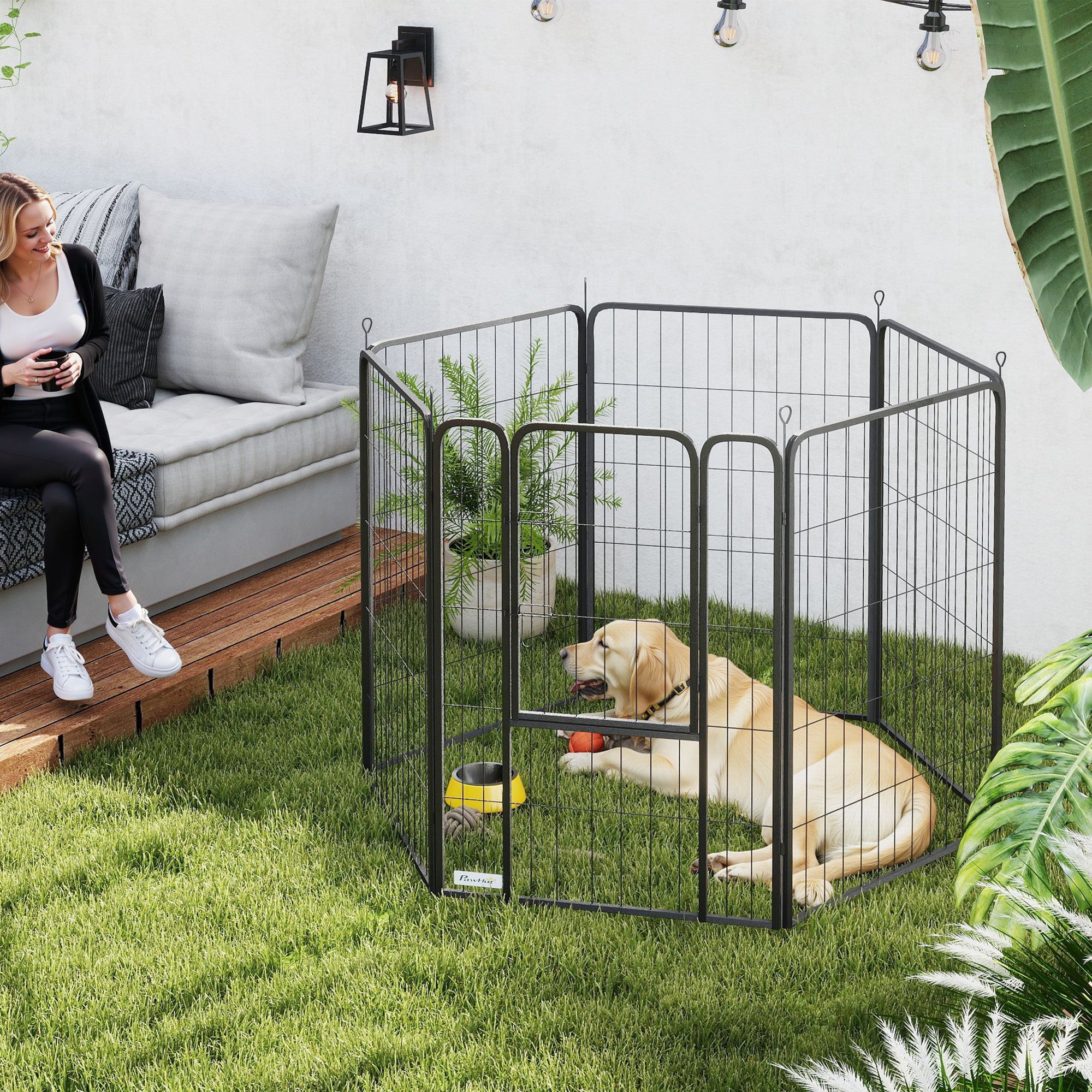 PawHut 6 Panels Dog Playpen, 39" Heavy Duty Dog Pen, Portable & Foldable Dog Fence with Door & Strap for Indoor Outdoor Backyard Garden, Puppy Pet Playpen for Large Dogs