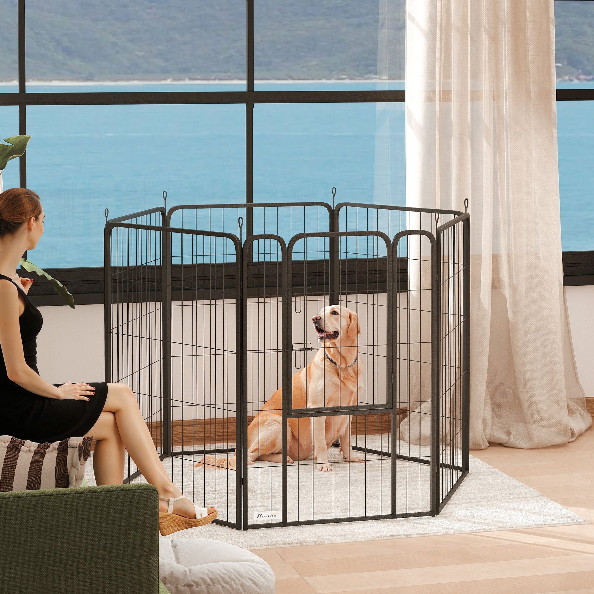 PawHut 6 Panels Dog Playpen, 39" Heavy Duty Dog Pen, Portable & Foldable Dog Fence with Door & Strap for Indoor Outdoor Backyard Garden, Puppy Pet Playpen for Large Dogs