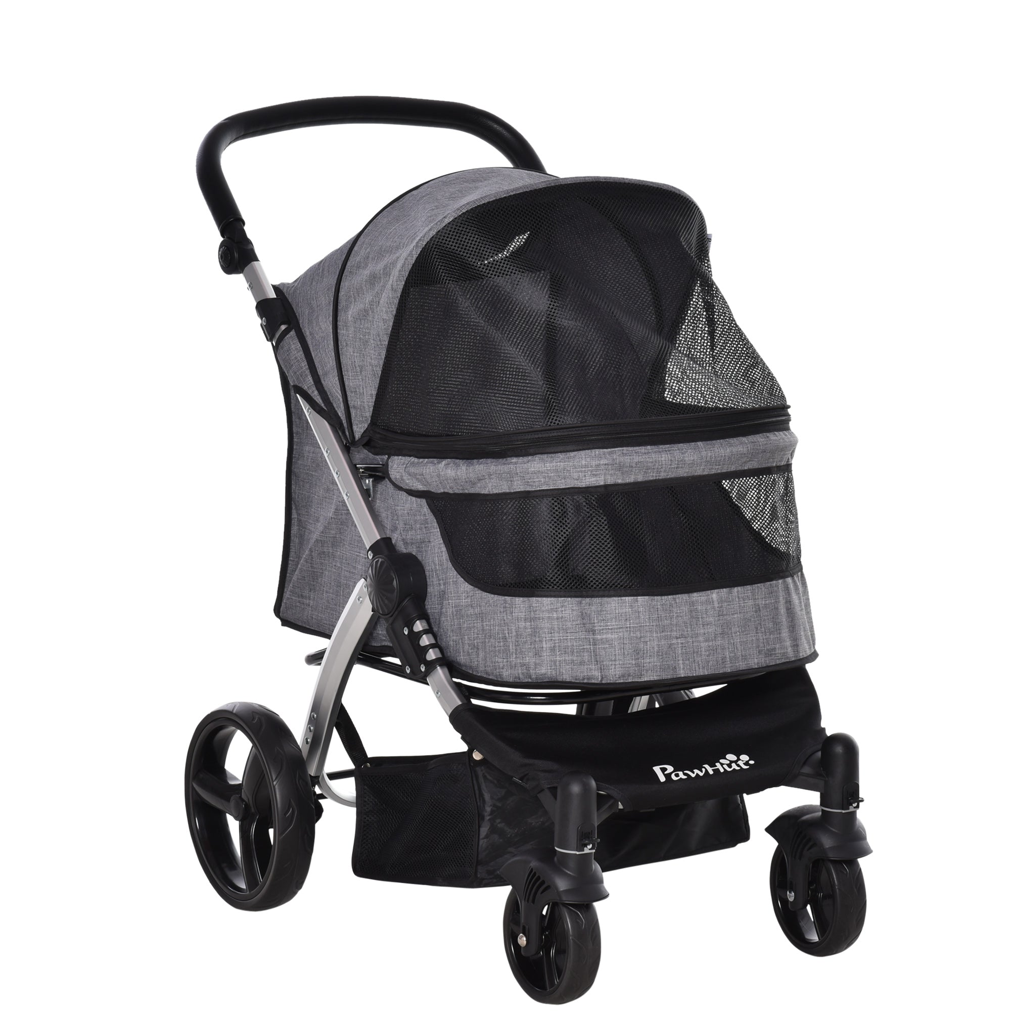 PawHut Pet Stroller Foldable Dog Cat Travel Carriage with Adjustable Handlebar PVC Wheel Brake Storage Bag Mesh Window Safety Leash Aluminum Grey