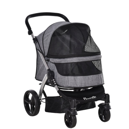 PawHut Pet Stroller Foldable Dog Cat Travel Carriage with Adjustable Handlebar PVC Wheel Brake Storage Bag Mesh Window Safety Leash Aluminum Grey