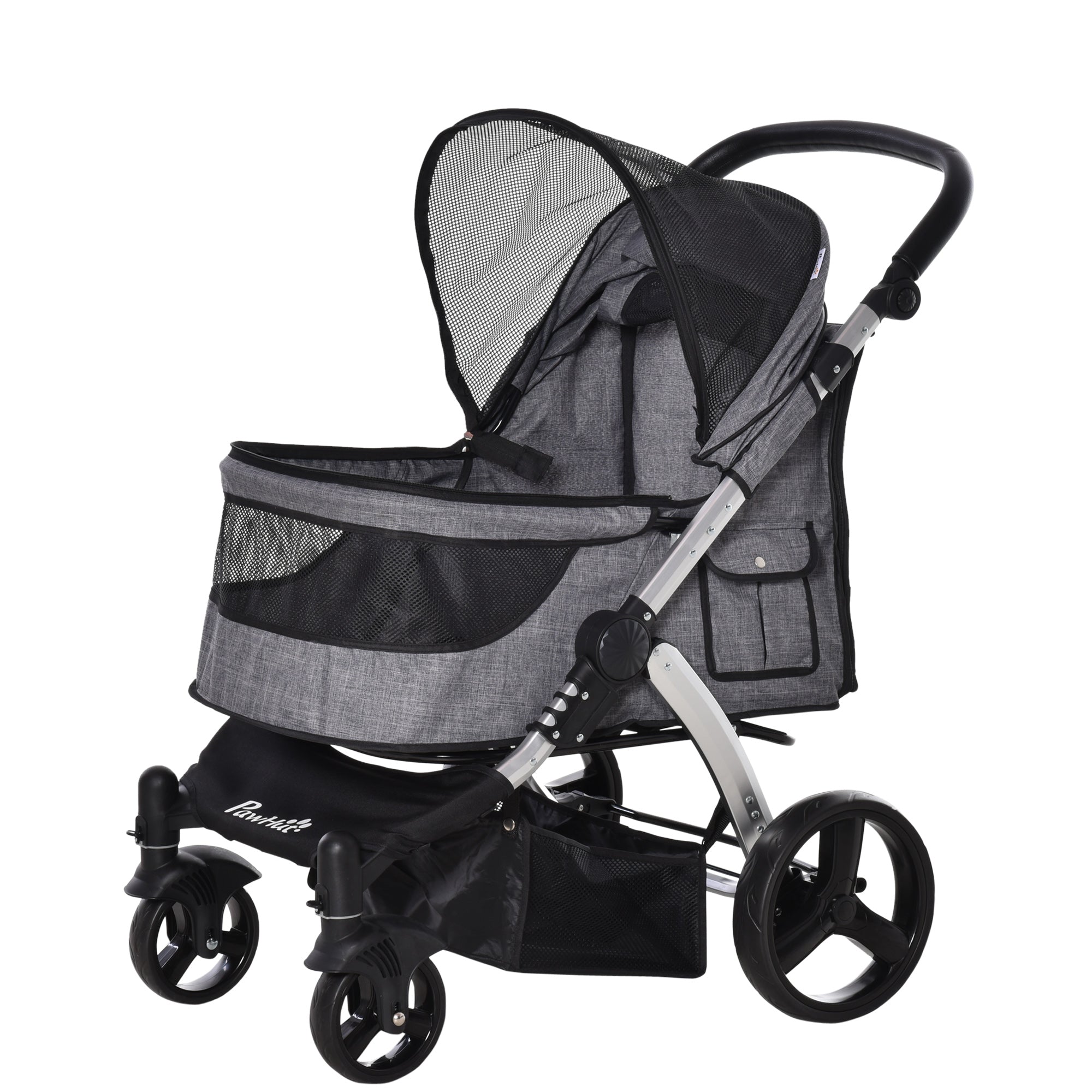 PawHut Pet Stroller Foldable Dog Cat Travel Carriage with Adjustable Handlebar PVC Wheel Brake Storage Bag Mesh Window Safety Leash Aluminum Grey
