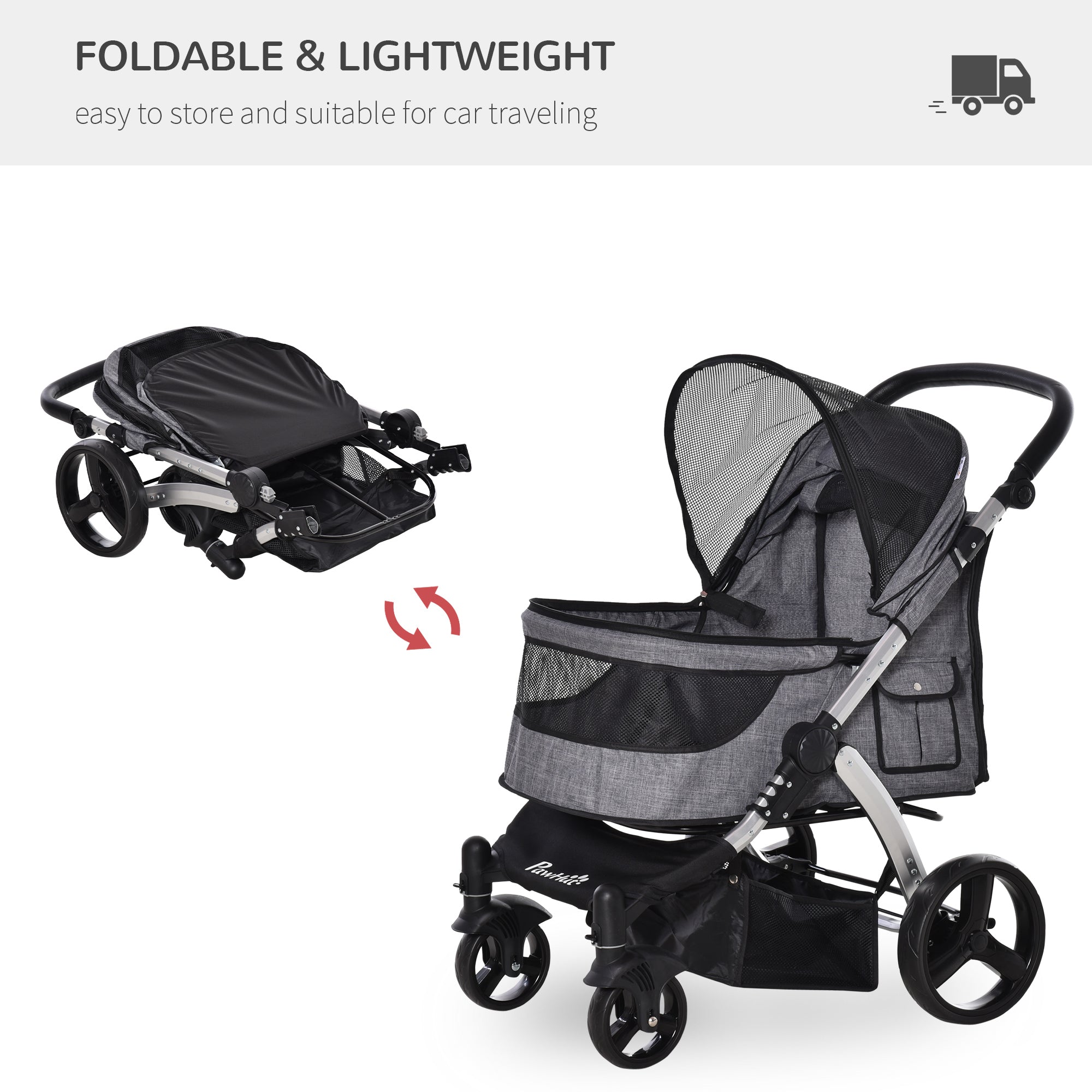 PawHut Pet Stroller Foldable Dog Cat Travel Carriage with Adjustable Handlebar PVC Wheel Brake Storage Bag Mesh Window Safety Leash Aluminum Grey