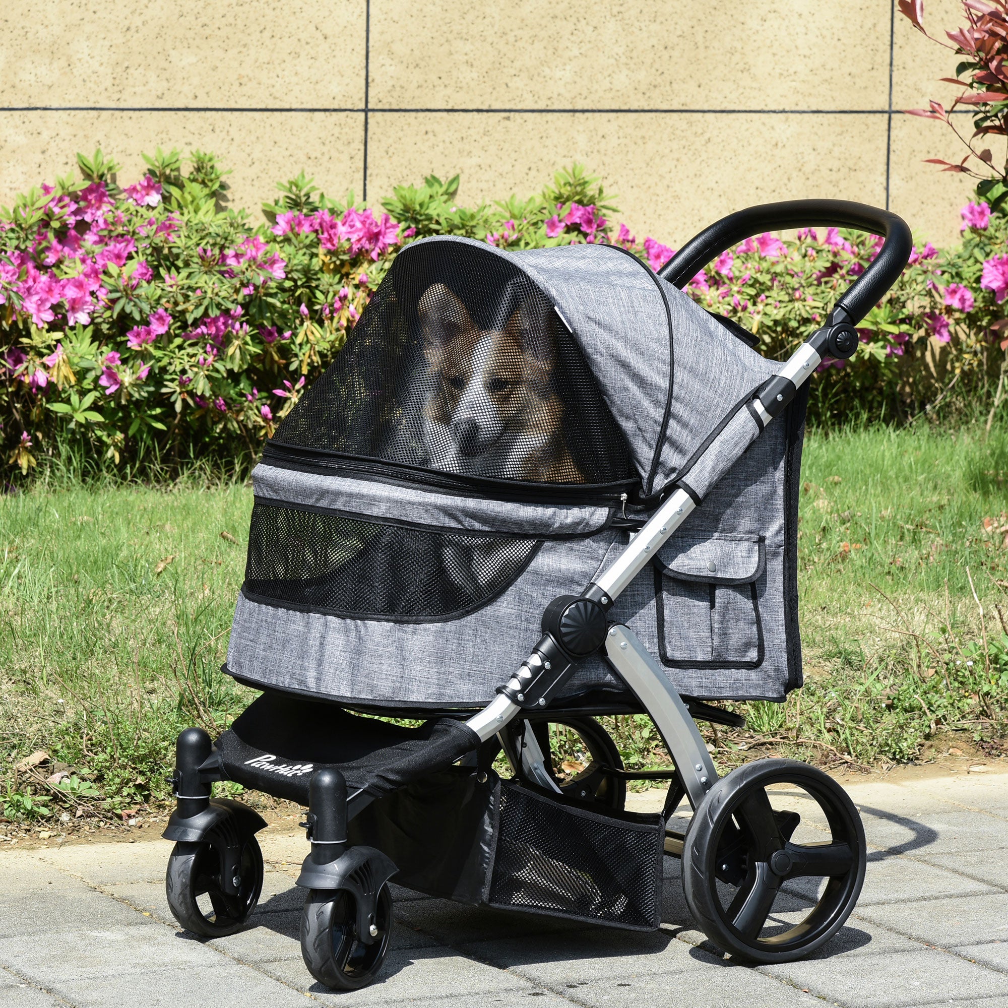 PawHut Pet Stroller Foldable Dog Cat Travel Carriage with Adjustable Handlebar PVC Wheel Brake Storage Bag Mesh Window Safety Leash Aluminum Grey