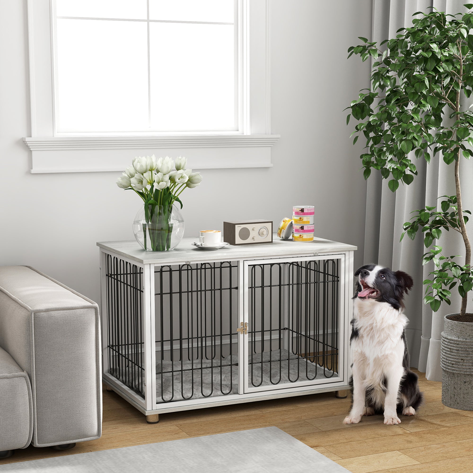 PawHut 35in Dog Crate Furniture with Washable Cushion, Indoor Dog Kennel End Table with Adjustable Feet for Medium Dogs, Grey