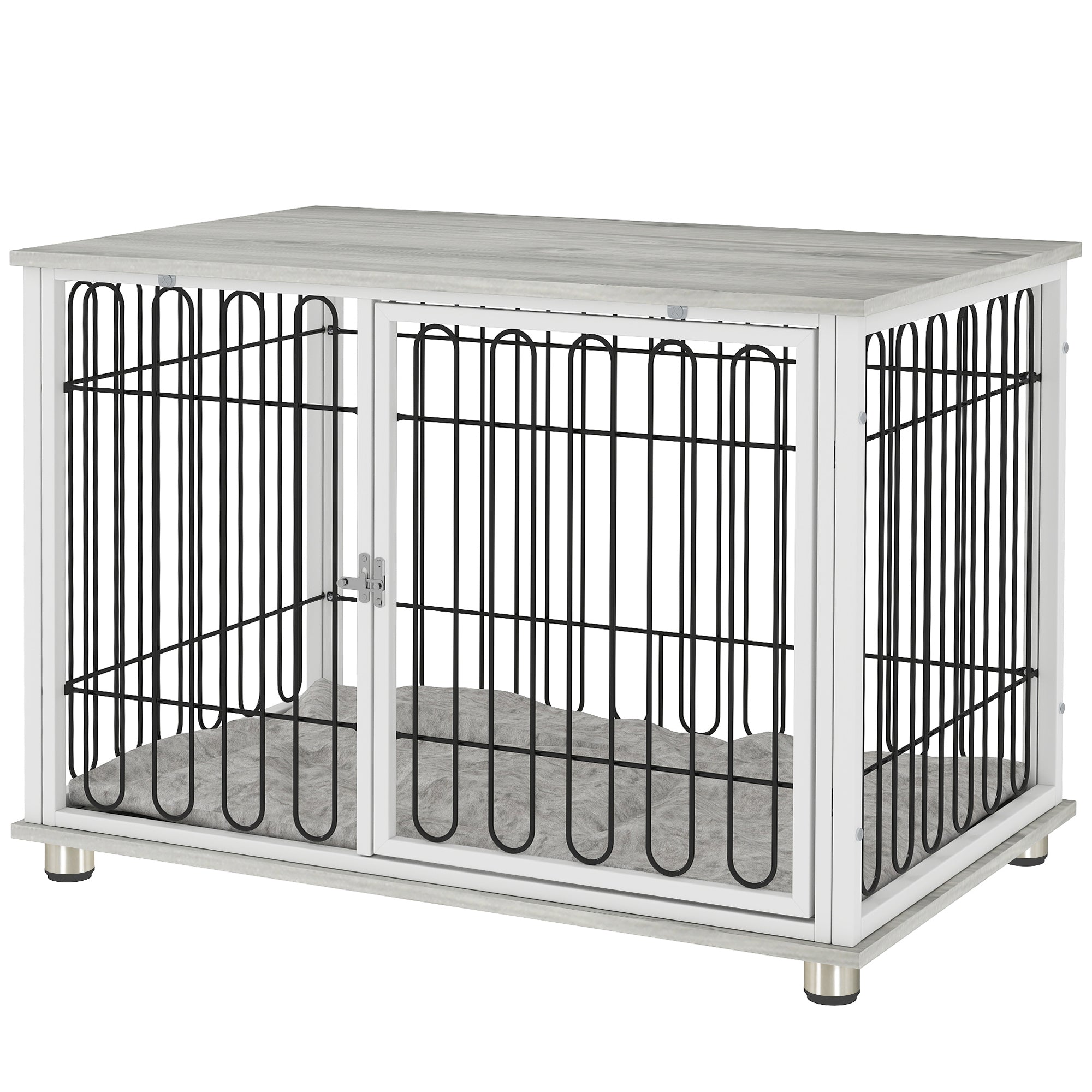 PawHut 35in Dog Crate Furniture with Washable Cushion, Indoor Dog Kennel End Table with Adjustable Feet for Medium Dogs, Grey