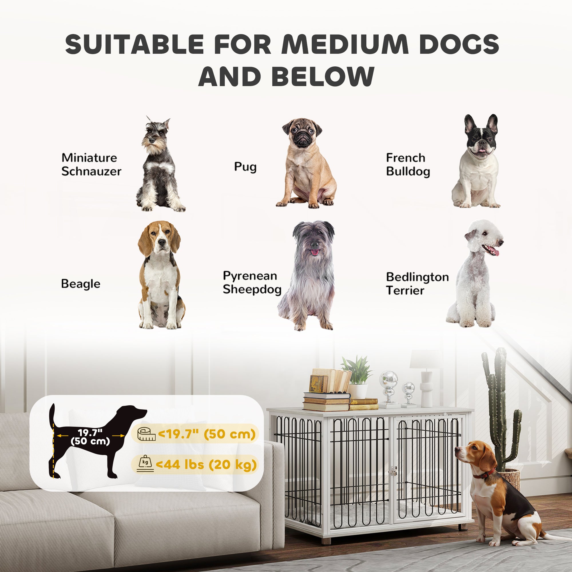PawHut 35in Dog Crate Furniture with Washable Cushion, Indoor Dog Kennel End Table with Adjustable Feet for Medium Dogs, Grey