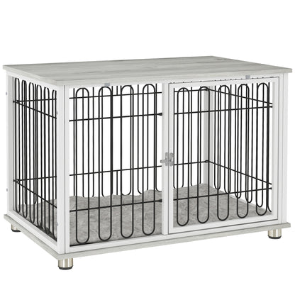 PawHut 35in Dog Crate Furniture with Washable Cushion, Indoor Dog Kennel End Table with Adjustable Feet for Medium Dogs, Grey