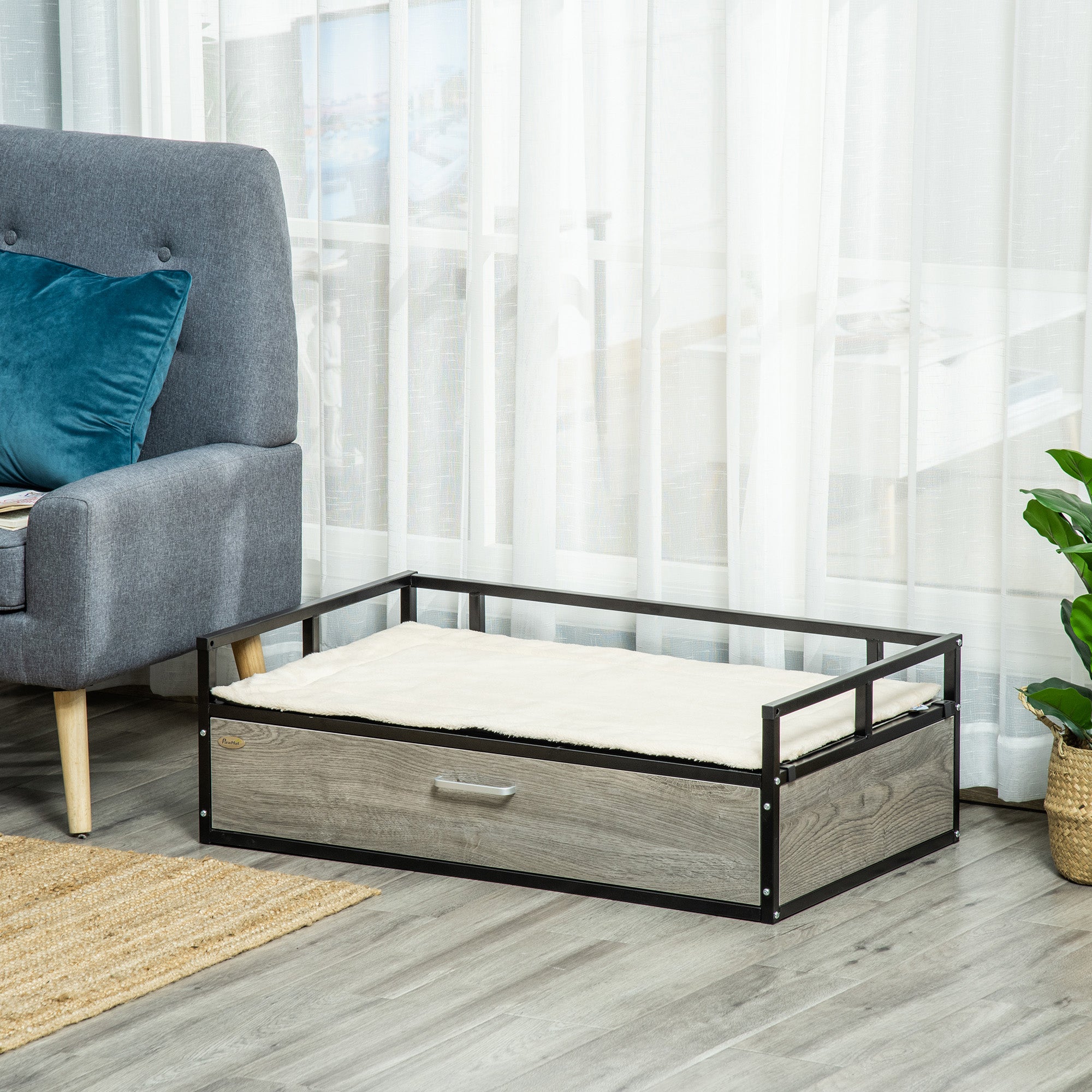 PawHut Elevated Dog Bed, Furniture Style Pet Sofa Couch, Soft Modern Puppy Lounger with Storage Drawer, Cushion, for Medium-sized Animals, Grey