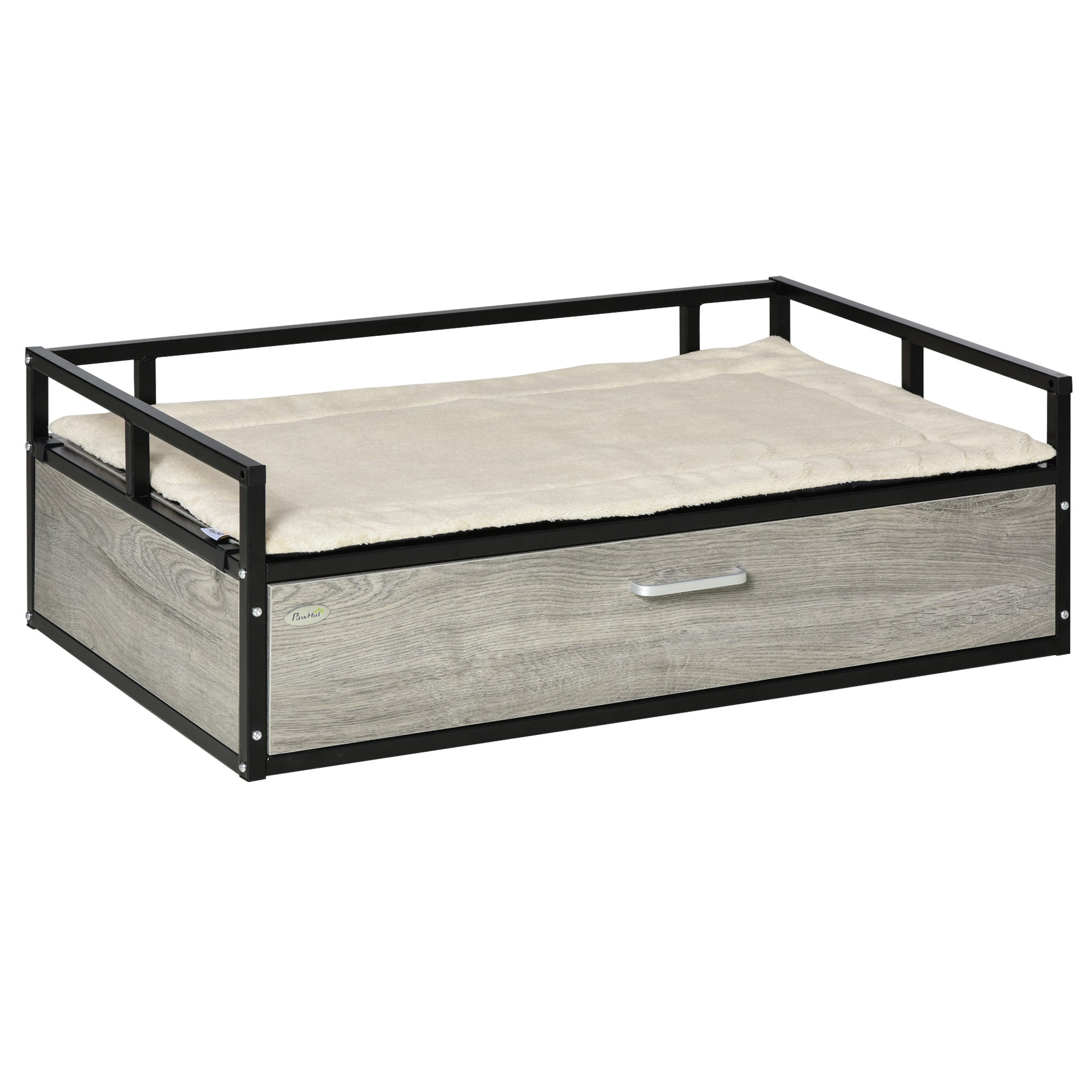 PawHut Elevated Dog Bed, Furniture Style Pet Sofa Couch, Soft Modern Puppy Lounger with Storage Drawer, Cushion, for Medium-sized Animals, Grey