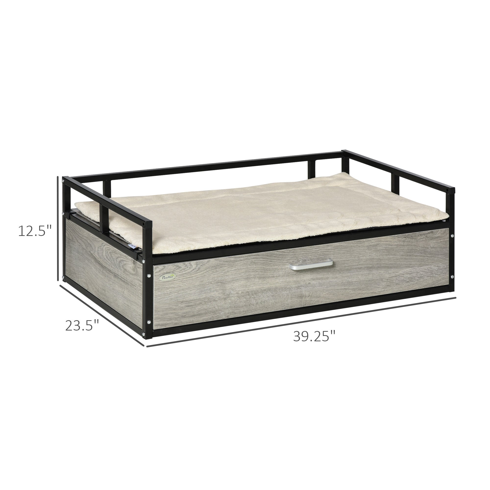 PawHut Elevated Dog Bed, Furniture Style Pet Sofa Couch, Soft Modern Puppy Lounger with Storage Drawer, Cushion, for Medium-sized Animals, Grey