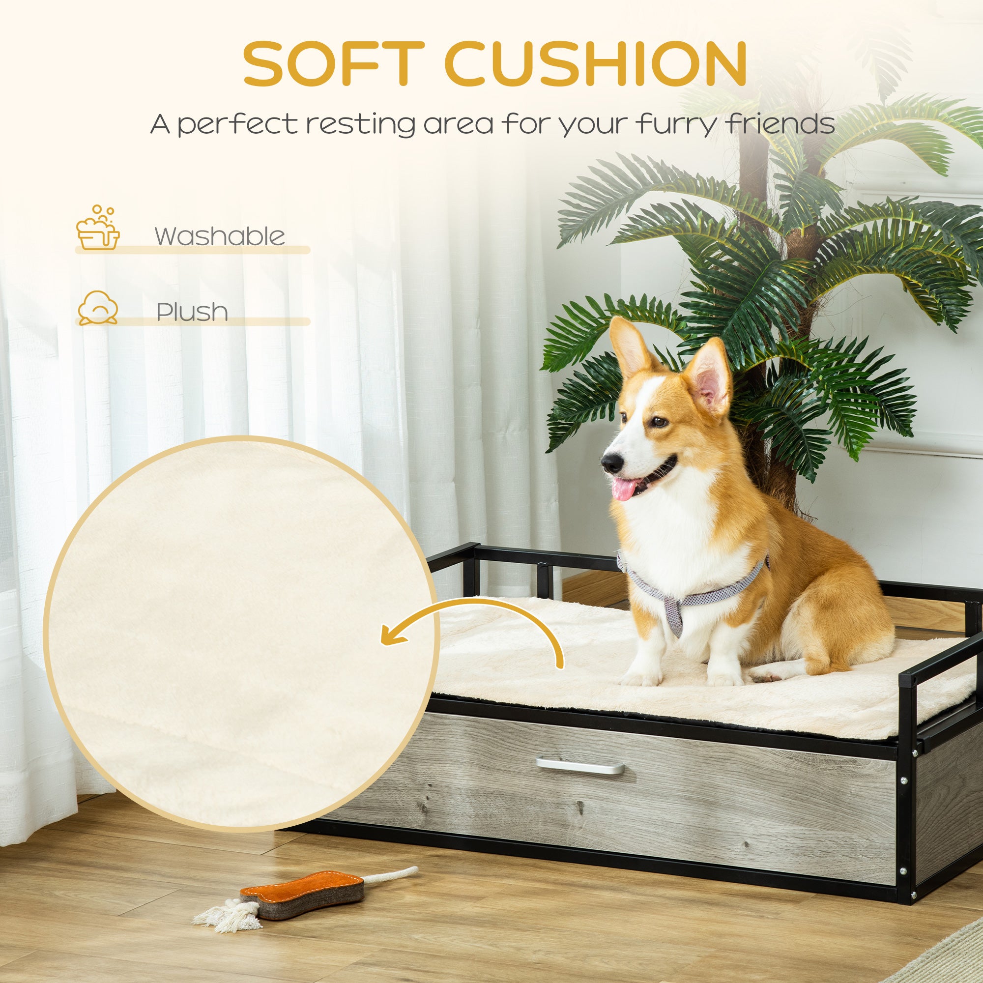 PawHut Elevated Dog Bed, Furniture Style Pet Sofa Couch, Soft Modern Puppy Lounger with Storage Drawer, Cushion, for Medium-sized Animals, Grey