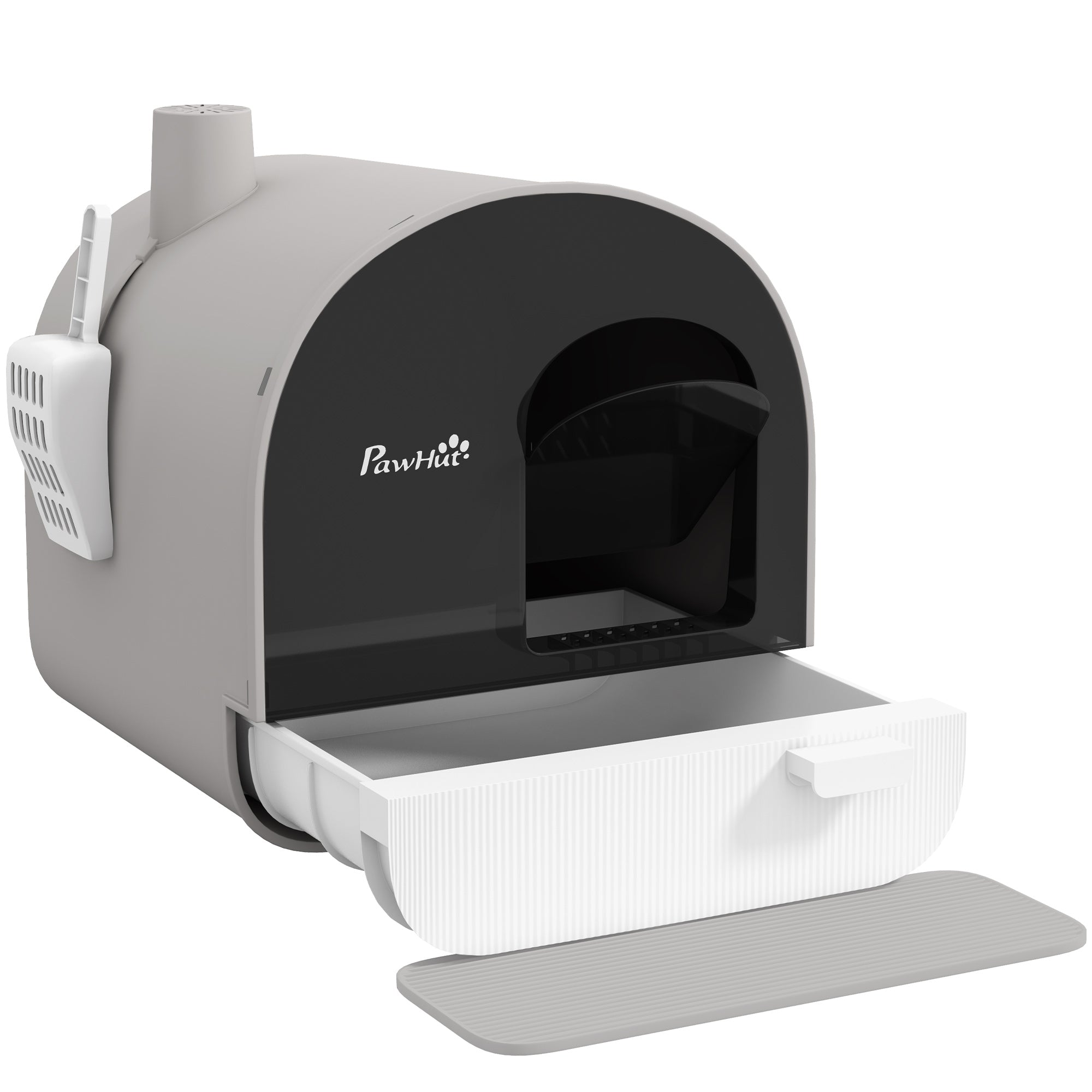 PawHut Cat Litter Box Kitten Litter Tray w/ Hood, Scoop, Filter, Flap Door, 43 x 44 x 47cm - Light Grey