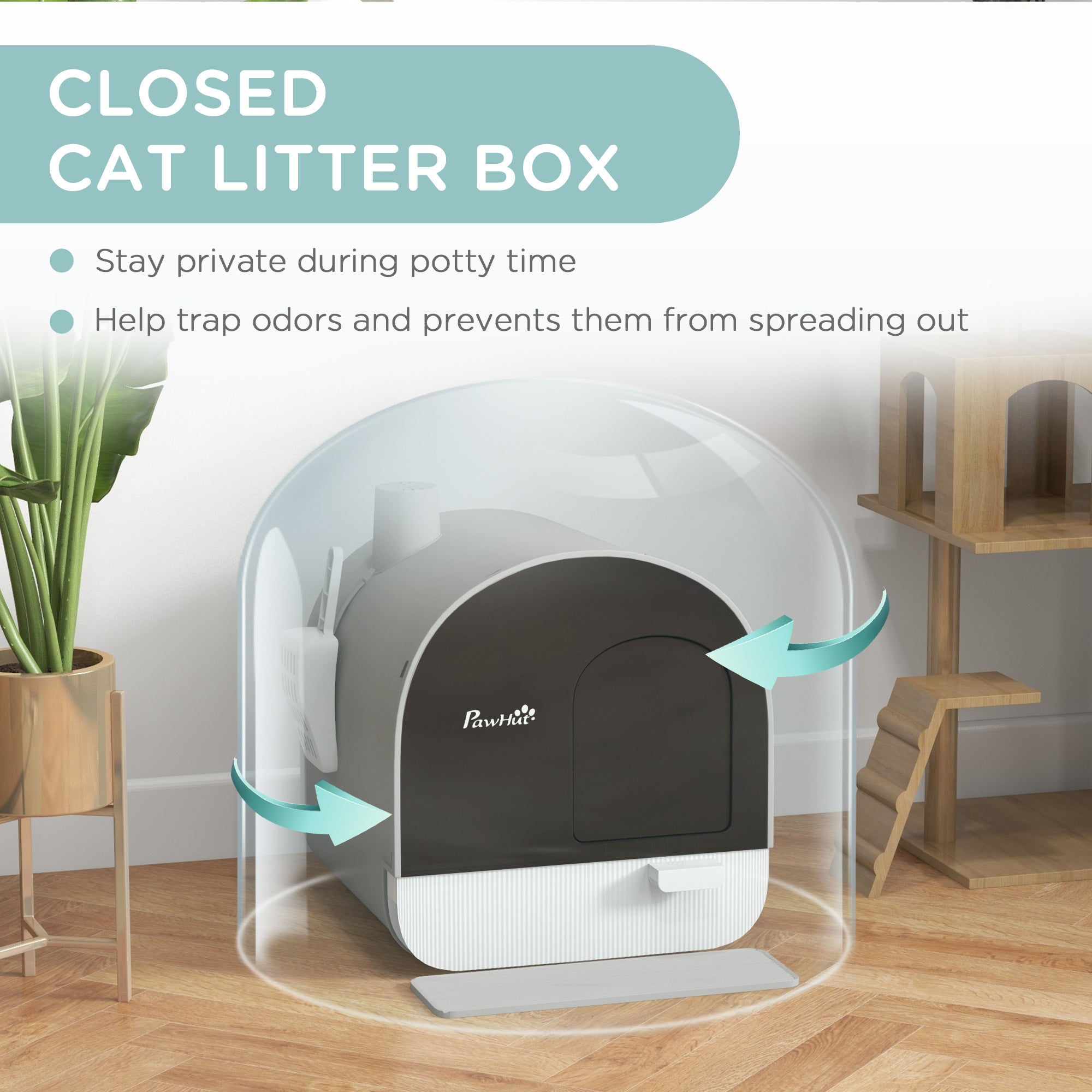 PawHut Cat Litter Box Kitten Litter Tray w/ Hood, Scoop, Filter, Flap Door, 43 x 44 x 47cm - Light Grey