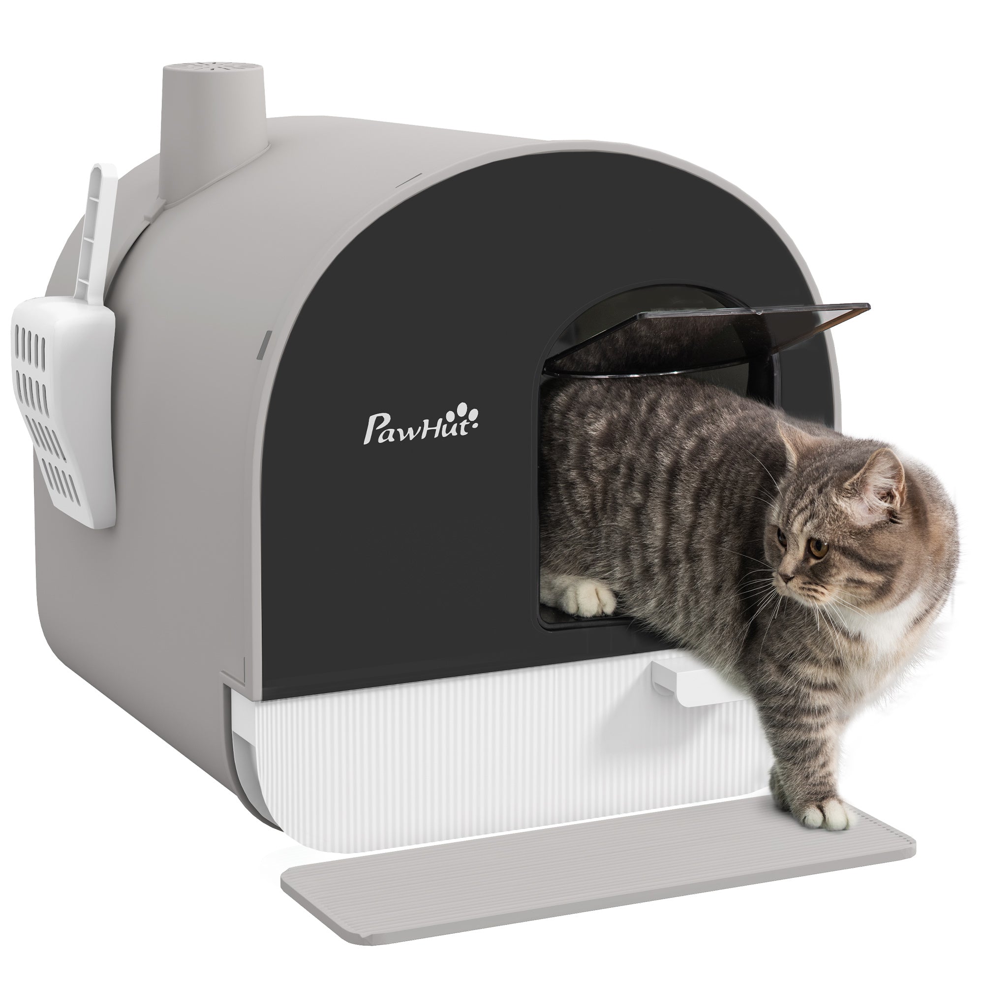 PawHut Cat Litter Box Kitten Litter Tray w/ Hood, Scoop, Filter, Flap Door, 43 x 44 x 47cm - Light Grey