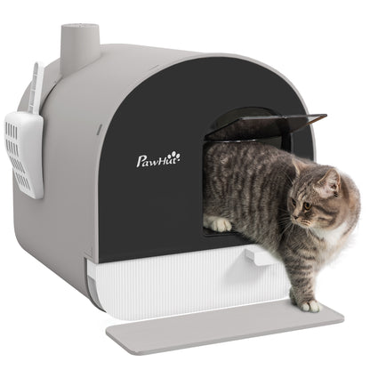 PawHut Cat Litter Box Kitten Litter Tray w/ Hood, Scoop, Filter, Flap Door, 43 x 44 x 47cm - Light Grey