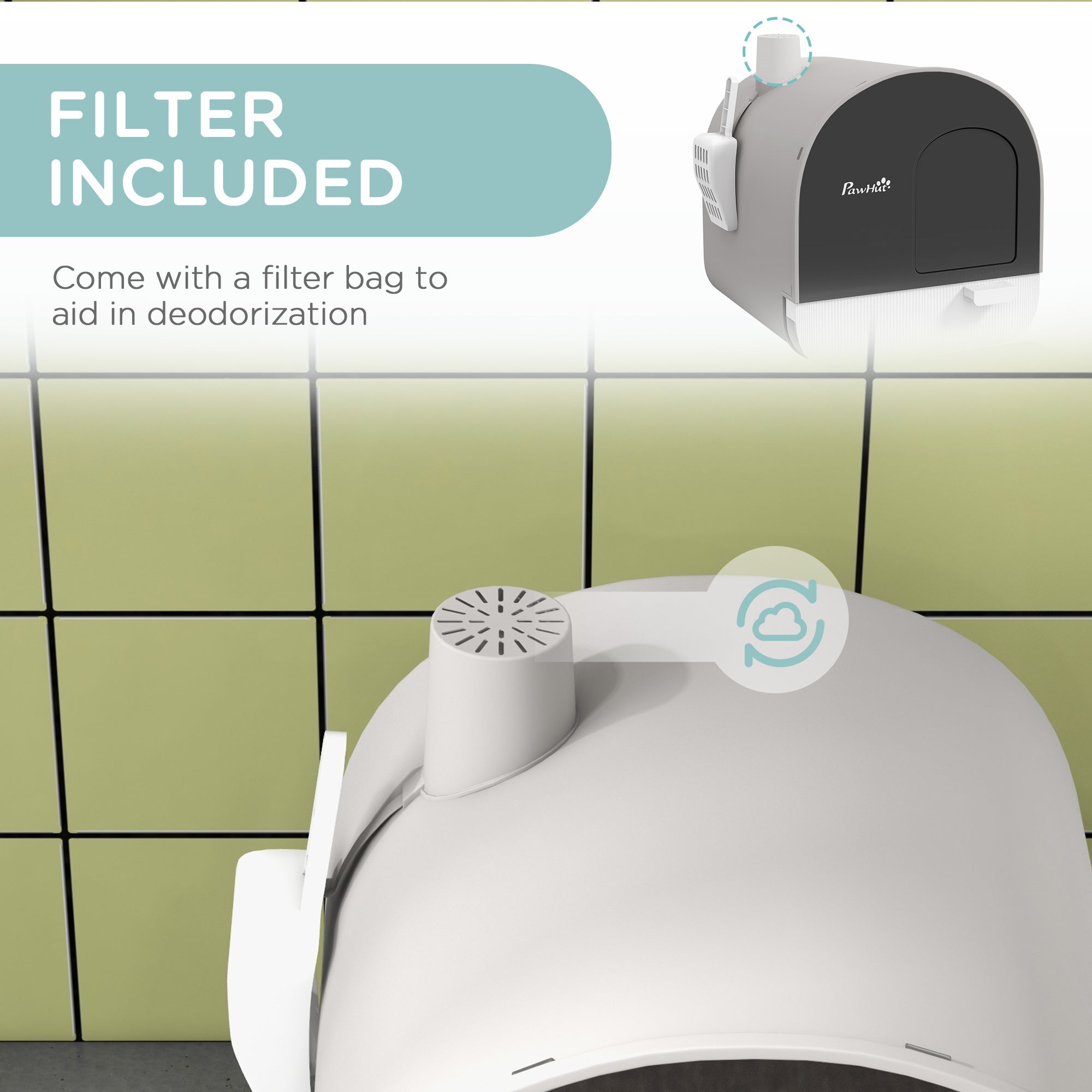 PawHut Cat Litter Box Kitten Litter Tray w/ Hood, Scoop, Filter, Flap Door, 43 x 44 x 47cm - Light Grey