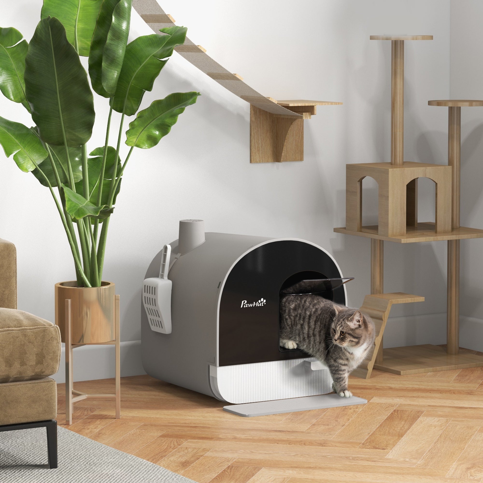 PawHut Cat Litter Box Kitten Litter Tray w/ Hood, Scoop, Filter, Flap Door, 43 x 44 x 47cm - Light Grey