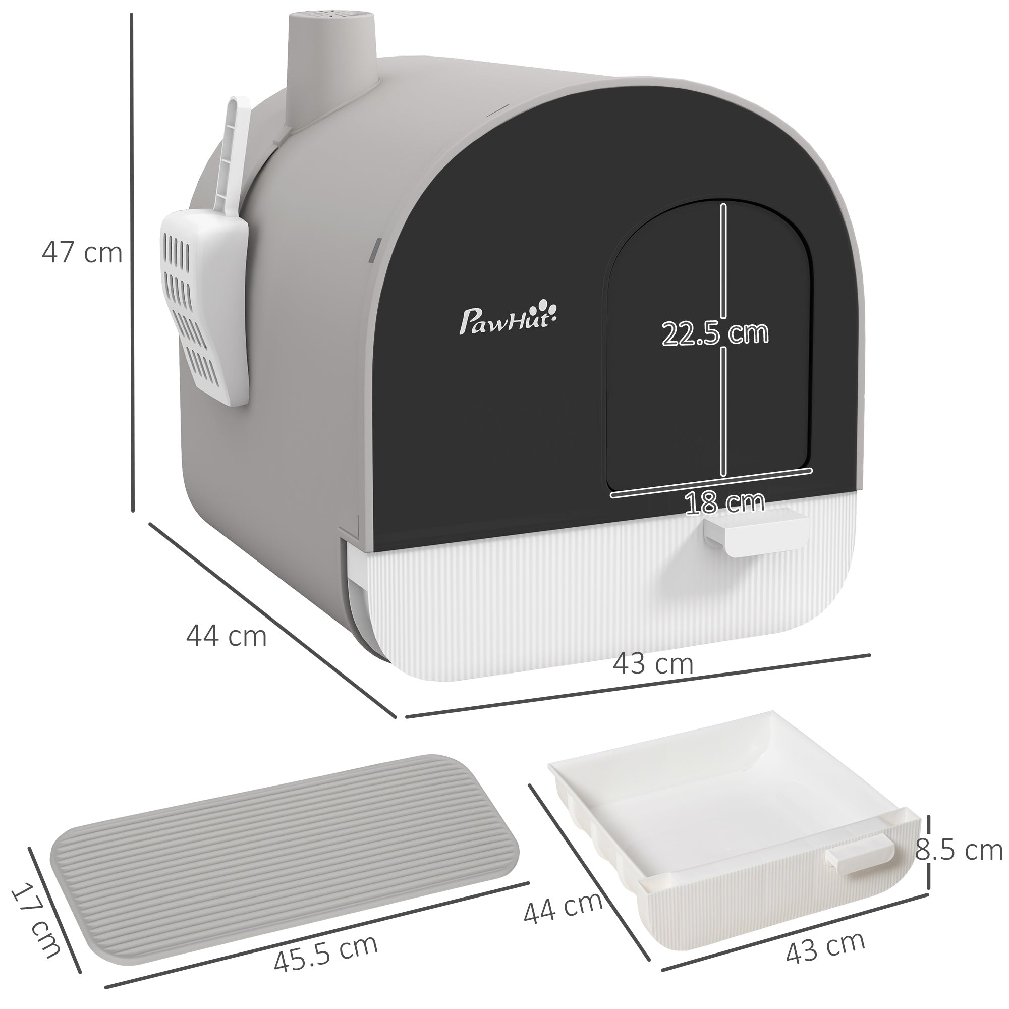 PawHut Cat Litter Box Kitten Litter Tray w/ Hood, Scoop, Filter, Flap Door, 43 x 44 x 47cm - Light Grey