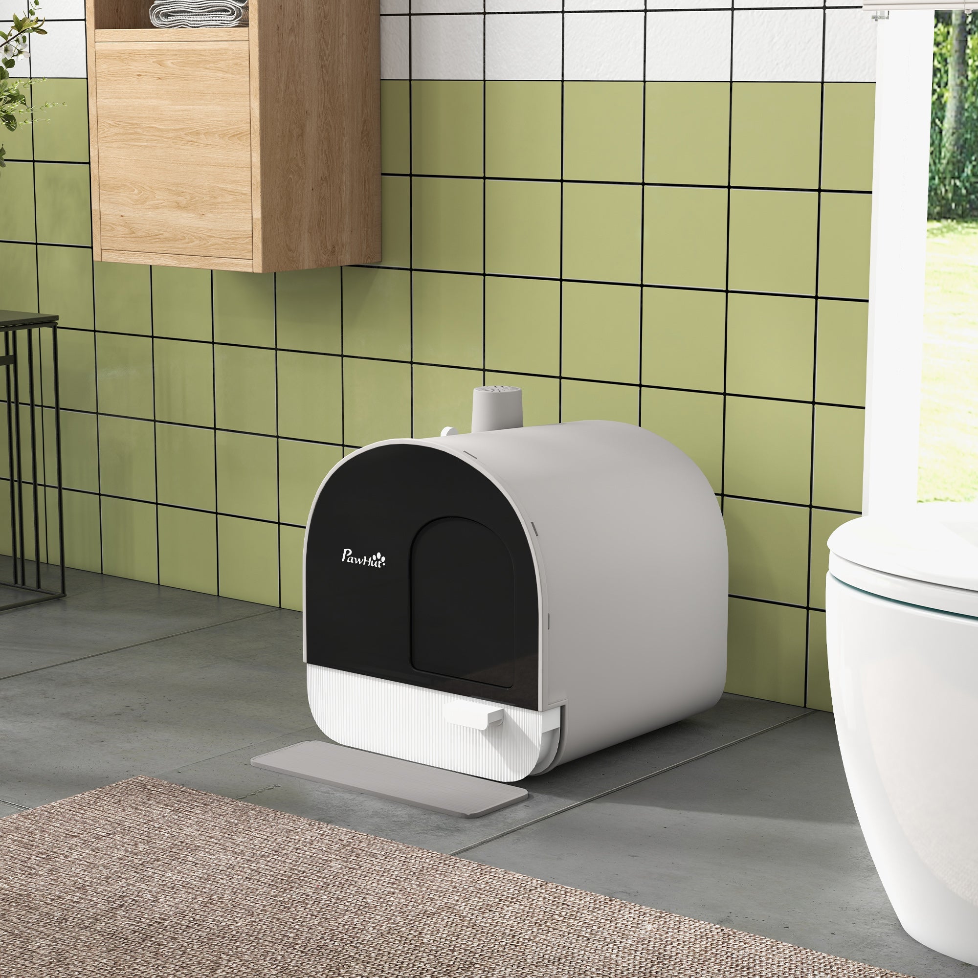 PawHut Large Cat Litter Box with Lid, Enclosed Kitty Litter Box with Slide-out Tray, Scoop, Filter, Light Grey