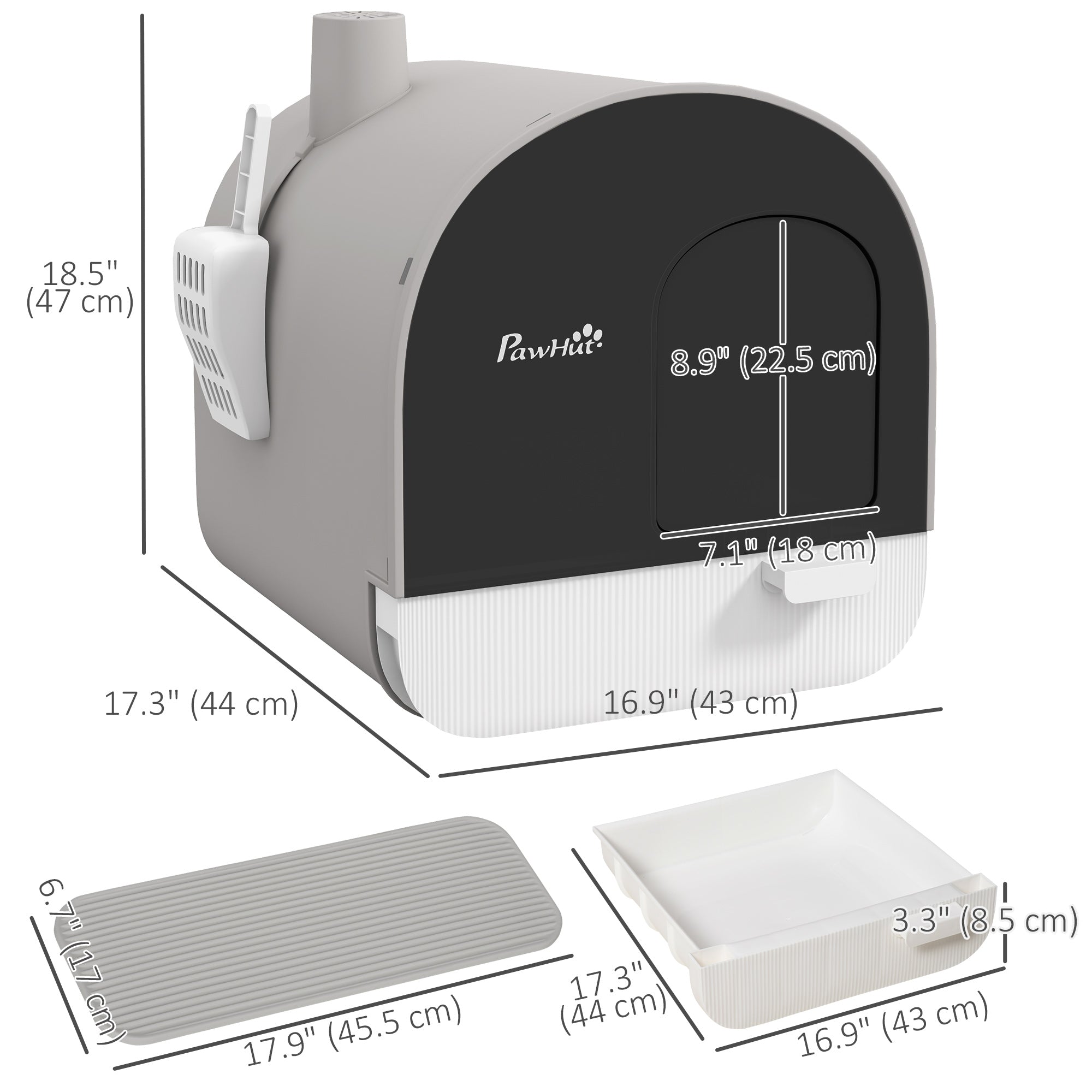 PawHut Large Cat Litter Box with Lid, Enclosed Kitty Litter Box with Slide-out Tray, Scoop, Filter, Light Grey