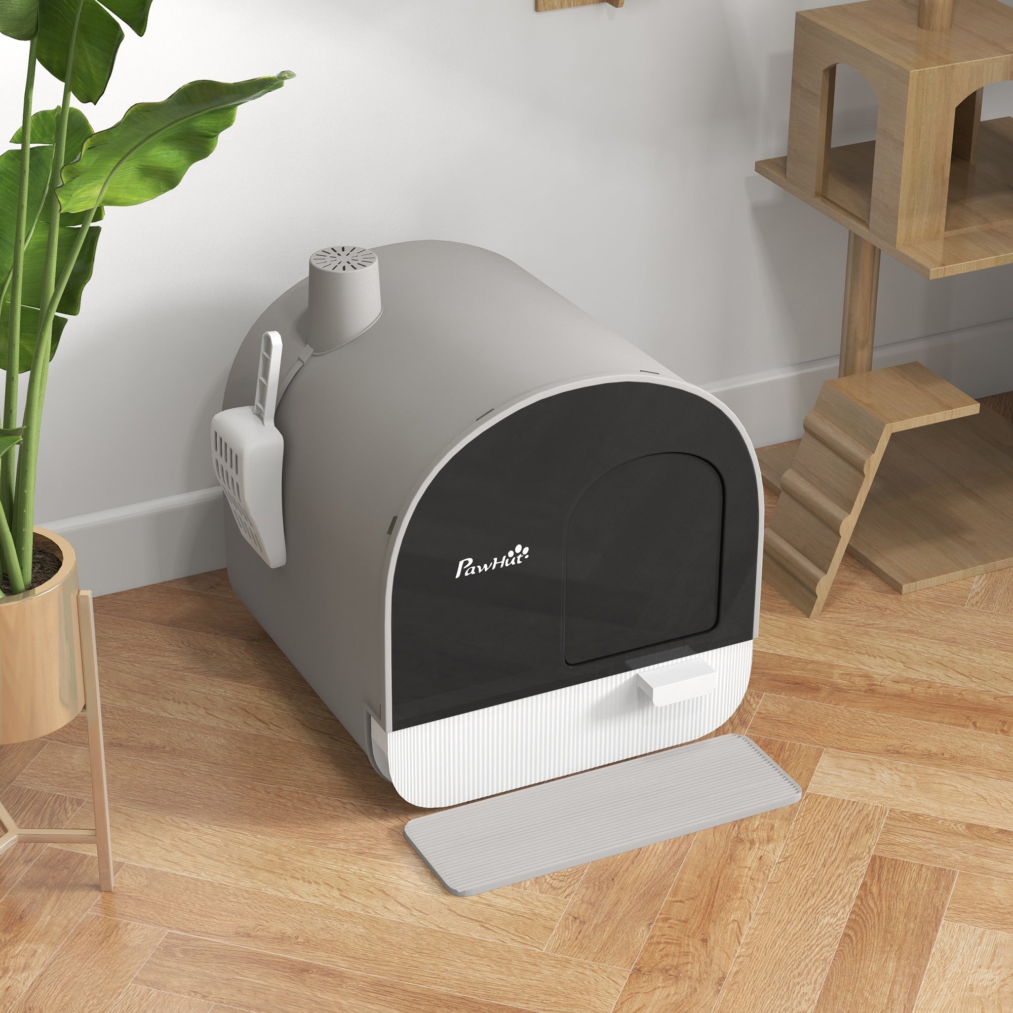 PawHut Cat Litter Box Kitten Litter Tray w/ Hood, Scoop, Filter, Flap Door, 43 x 44 x 47cm - Light Grey