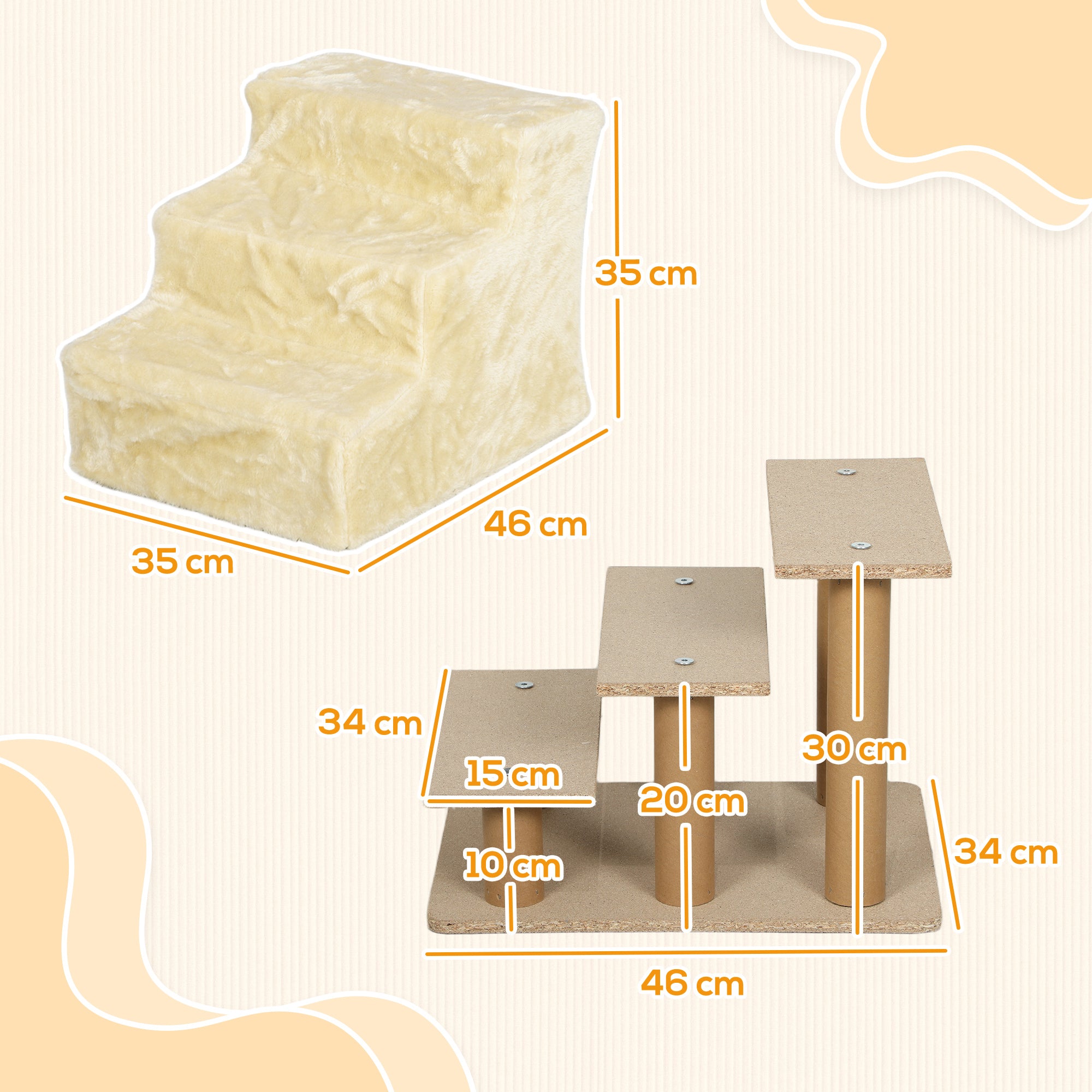 PawHut Dog Steps for Sofa, 3 Steps Dog Stairs, Pet Stairs, with Washable Plush Cover, for Small Breeds, Cats - Beige